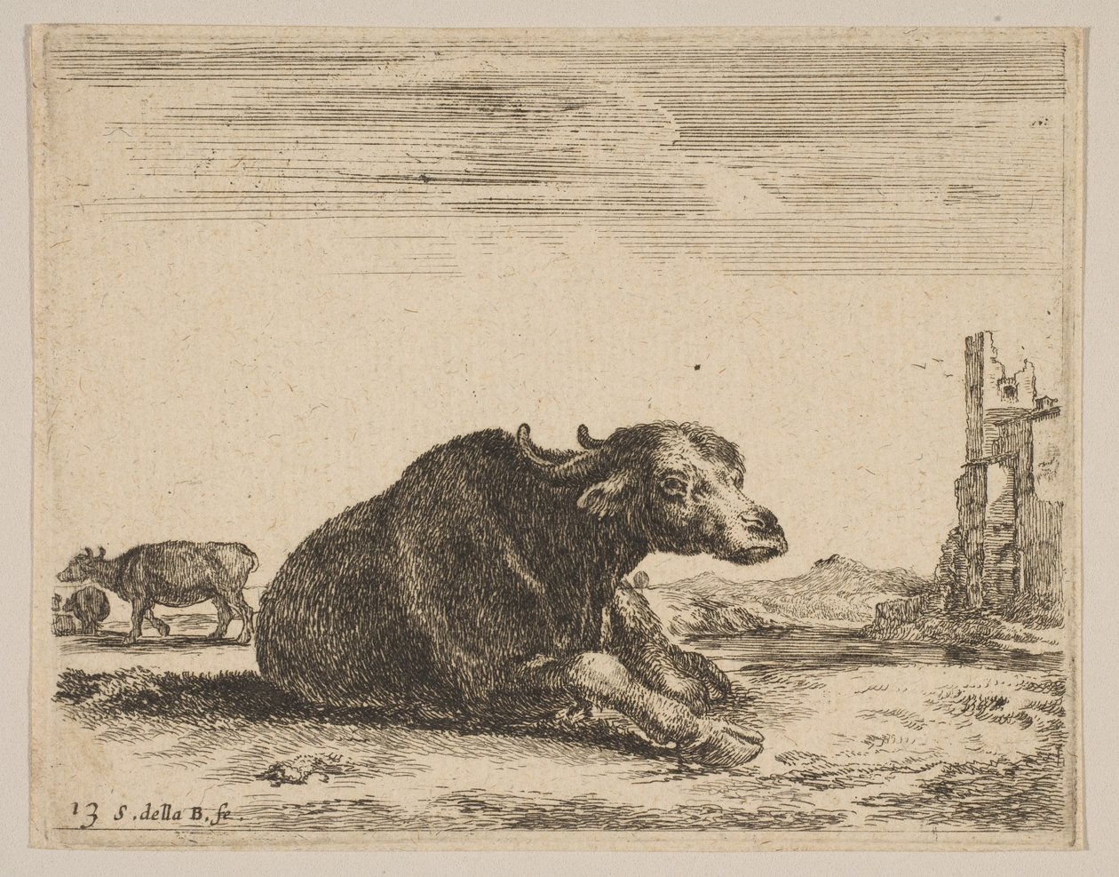 Levha 13: Çeşitli hayvanlardan yatan bufalo Diversi animali, yakl. 1641. by Stefano della Bella