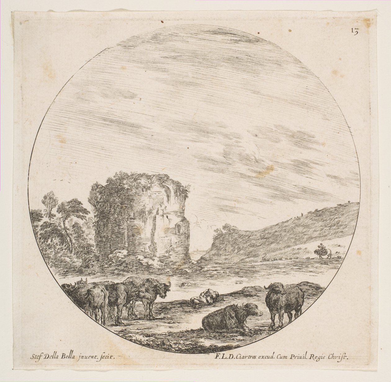 Levha 13: Roma manzarasında bir tapınak kalıntıları, Roma manzaralarından ve kalıntılar P..., yaklaşık. 1646. by Stefano della Bella