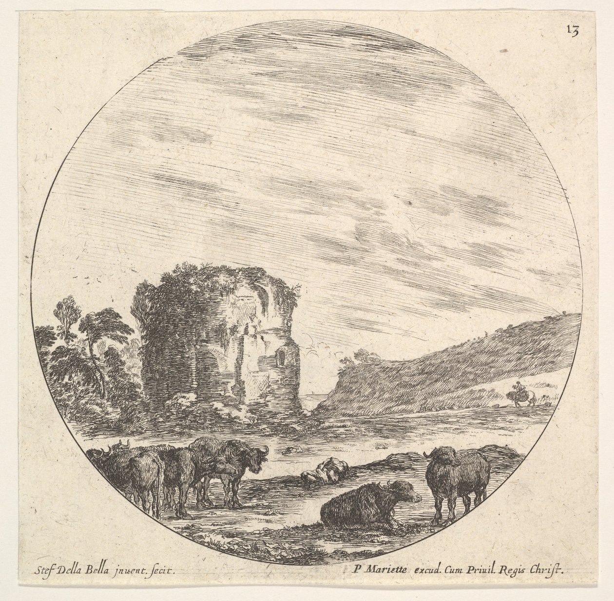 Levha 13: Arka planda antik bir tapınağın kalıntıları, ön tarafta bir inek sürüsü..., yaklaşık. 1643-48. by Stefano della Bella