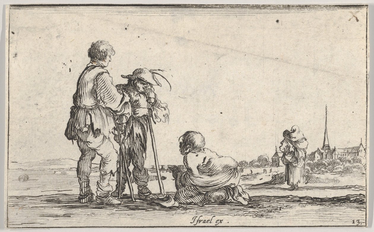 Levha 13: sola doğru ayakta duran iki köylü, ortada yerde diz çökmüş bir sakat, bir..., yakl. 1642. by Stefano della Bella