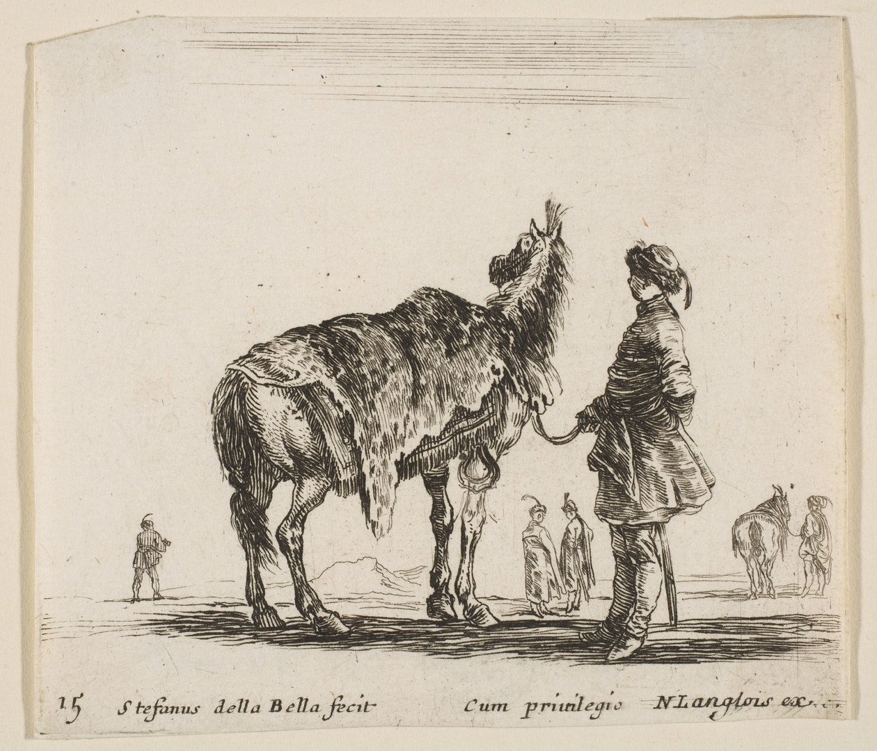 Levha 15: Polonyalı bir asilzade, yüzü öteye dönük, atını leopar postuyla kaplamış..., yakl. 1644-47. by Stefano della Bella