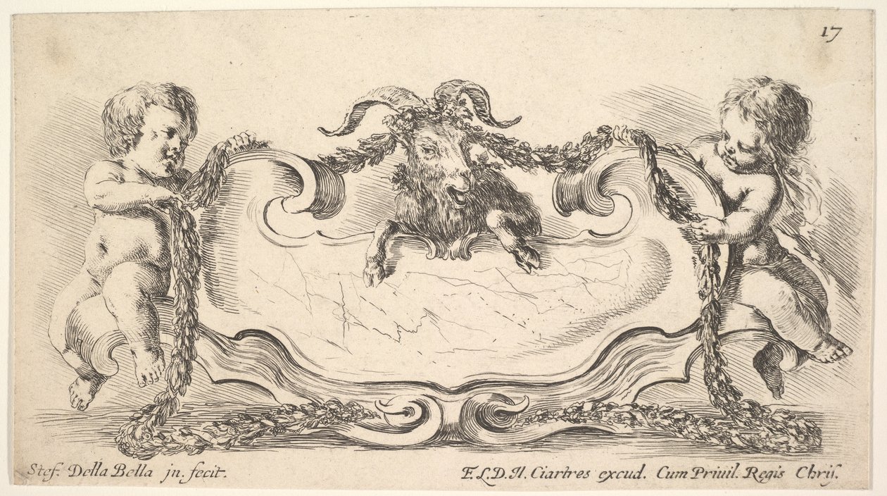 Levha 17: merkezi mermer olan bir kartuş, her iki yanında bir çelenk ove tutan bir bebek..., 1646. by Stefano della Bella