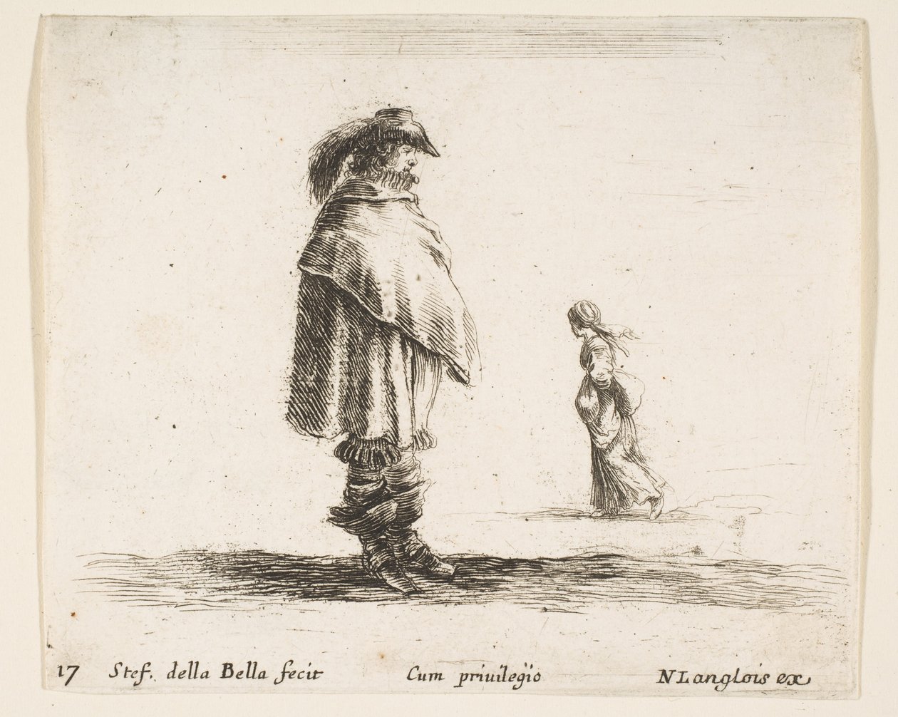 Levha 17: Merkezde tüylü bir şapka takan bir adam sağa dönük, bir kadın..., yakl. 1644-47. by Stefano della Bella