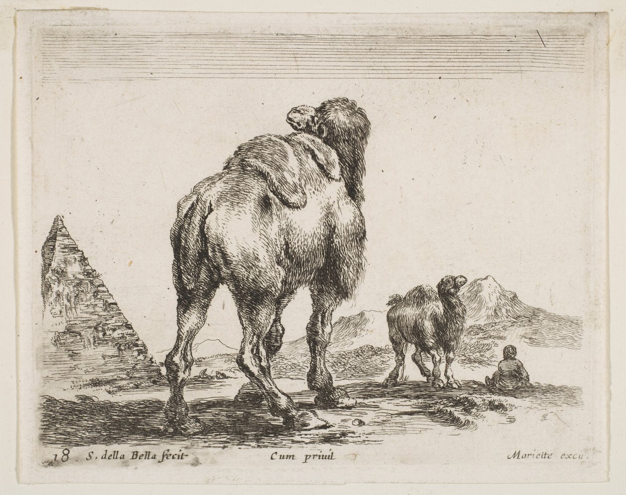 Levha 18: devenin arkadan görünüşü, piramit solda, çeşitli hayvanlardan Dalgıç..., yakl. 1641. by Stefano della Bella