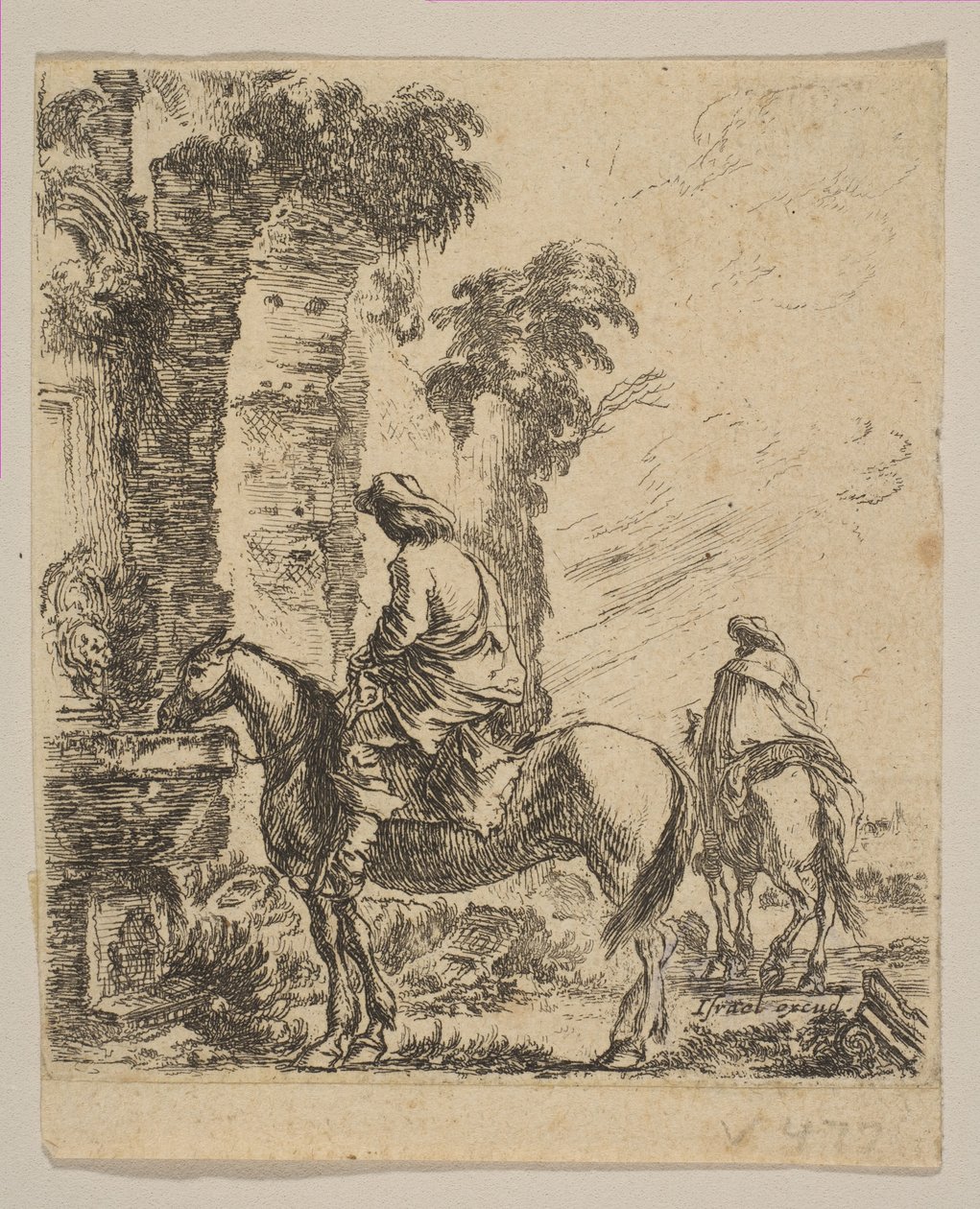 Levha 19: Bir Çeşmede Atını Sulayan Bir Süvari ile Manzara, Çeşitli fi..., yakl. 1646. by Stefano della Bella