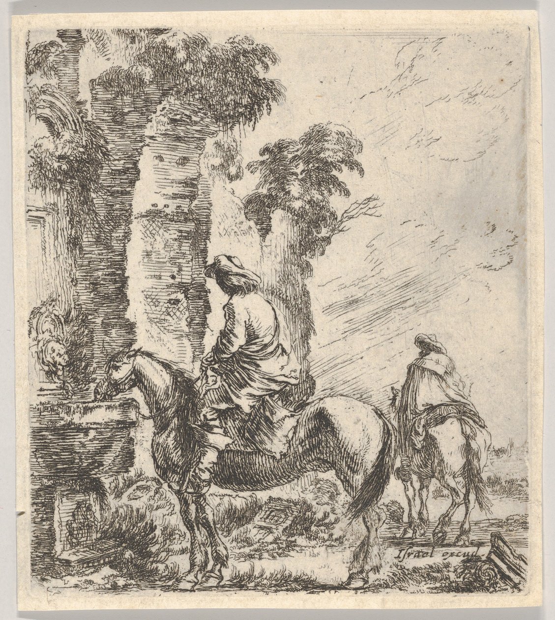 Levha 19: soldaki bir çeşmenin leğeninden atına su içiren bir binici, başka bir h..., yakl. 1646. by Stefano della Bella