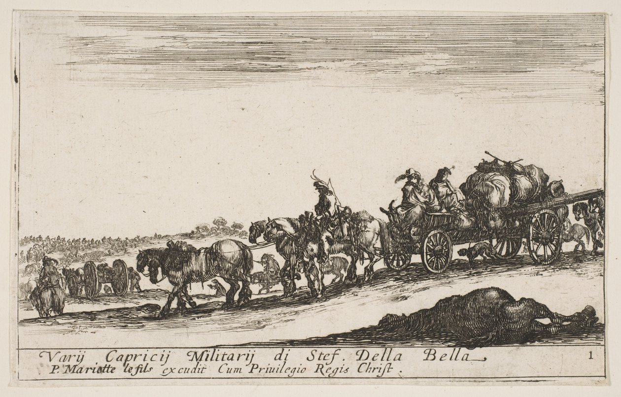 Levha 1: İnsanları ve eşyaları taşıyan bir at arabası, ön planda ölü at, f..., yakl. 1641. by Stefano della Bella