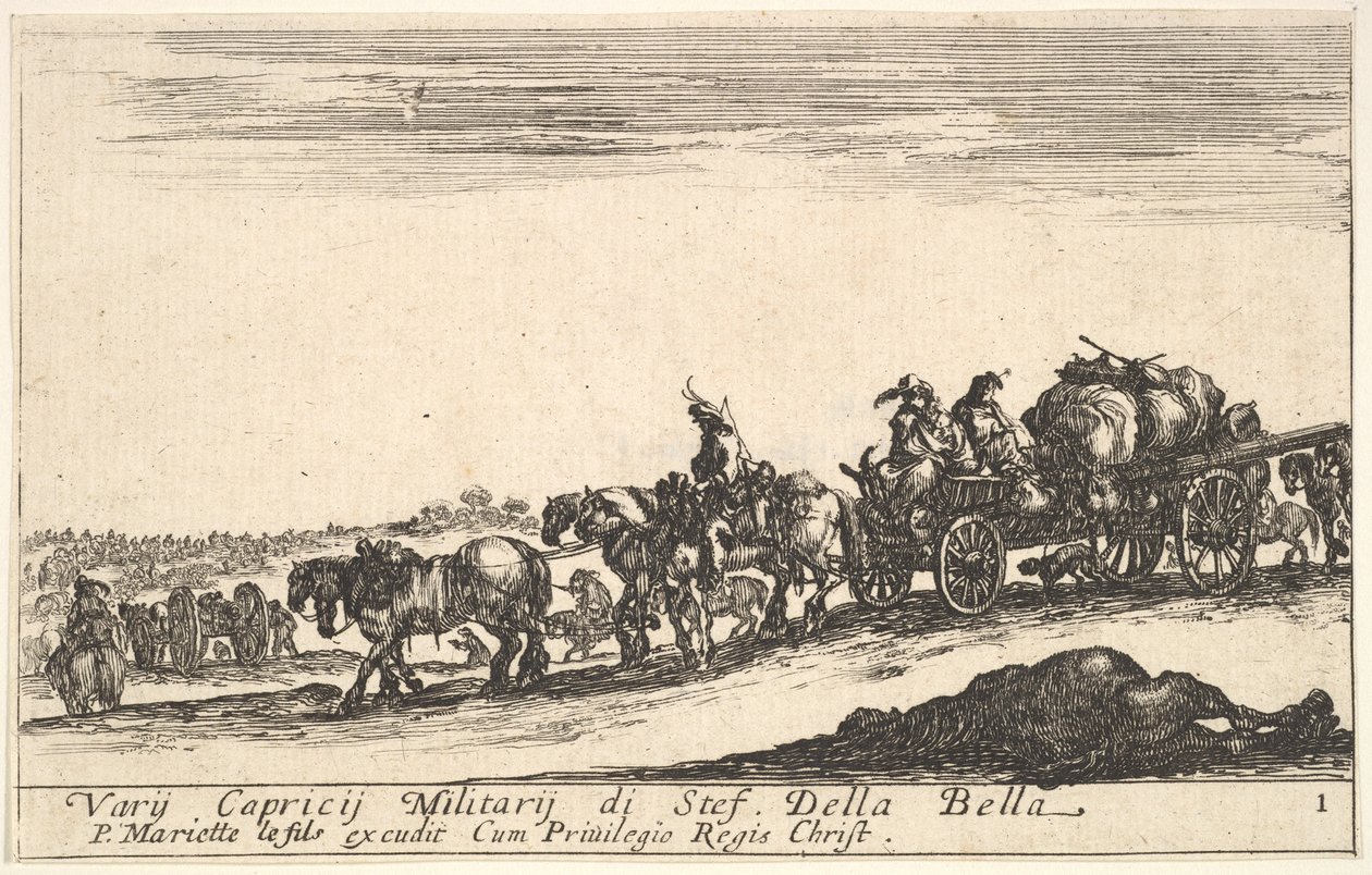 Levha 1: İnsanları ve eşyaları taşıyan bir at arabası, ön planda ölü at, f..., yakl. 1641. by Stefano della Bella