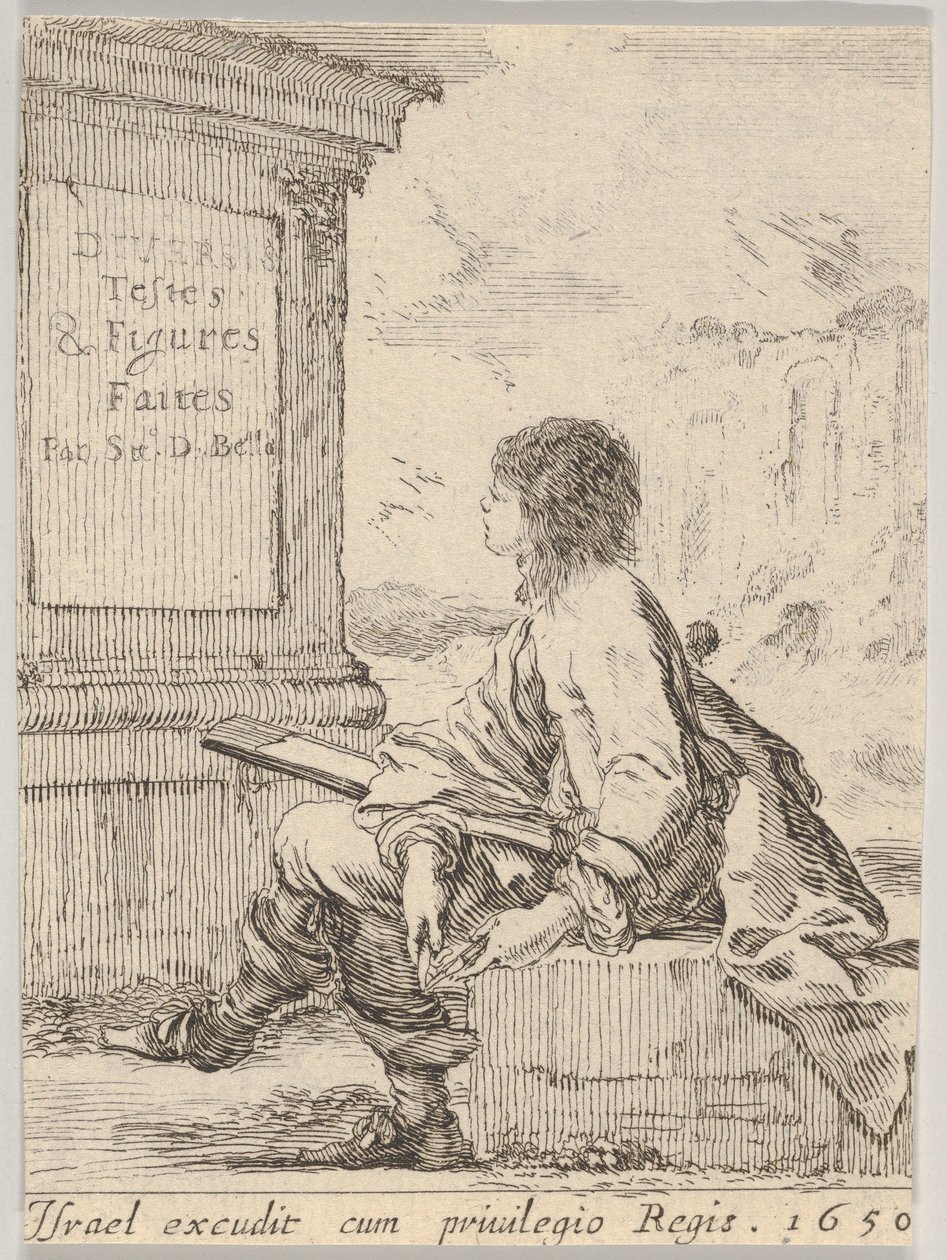 Levha 1: Bir taşın üzerinde oturan, profilde sola dönük, çizim defteri tutan genç bir adam ..., 1650. by Stefano della Bella
