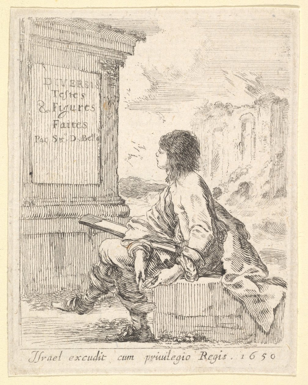 Levha 1: Bir taşın üzerinde oturan, profilde sola dönük, çizim defteri tutan genç bir adam ..., 1650. by Stefano della Bella
