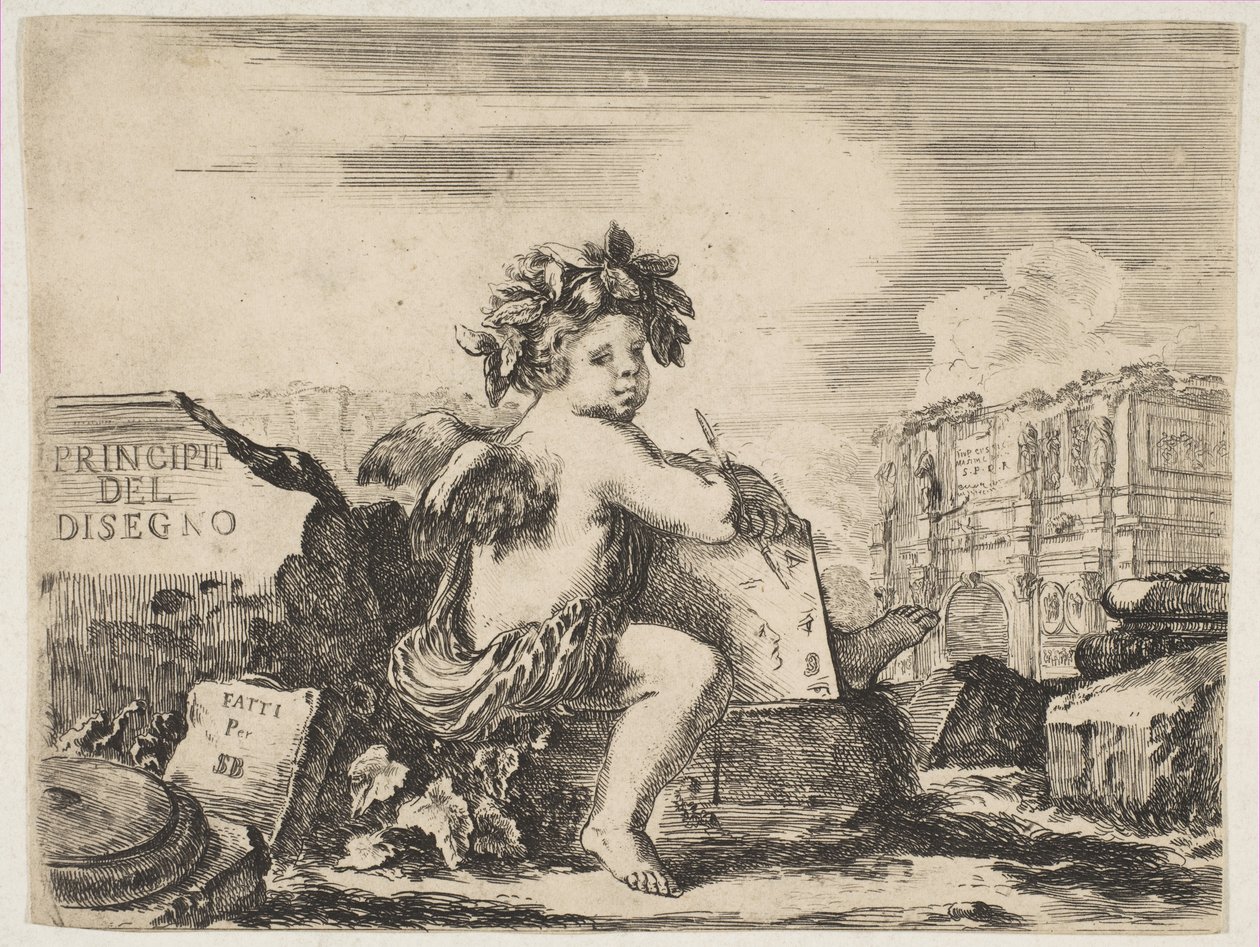 Plaka 1: çizim dehası, kanatlı bir çocuk, orta dönüşte bir kayanın üzerine oturmuş..., yakl. 1641-43. by Stefano della Bella