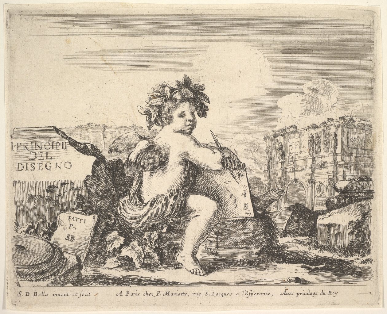 Plaka 1: çizim dehası, kanatlı bir çocuk, ortada bir kayanın üzerine oturmuş ..., ca. 1641. by Stefano della Bella