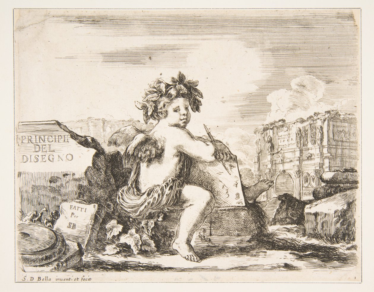 Plaka 1: çizim dehası, kanatlı bir çocuk, orta dönüşte bir kayanın üzerine oturmuş..., yakl. 1641-43. by Stefano della Bella