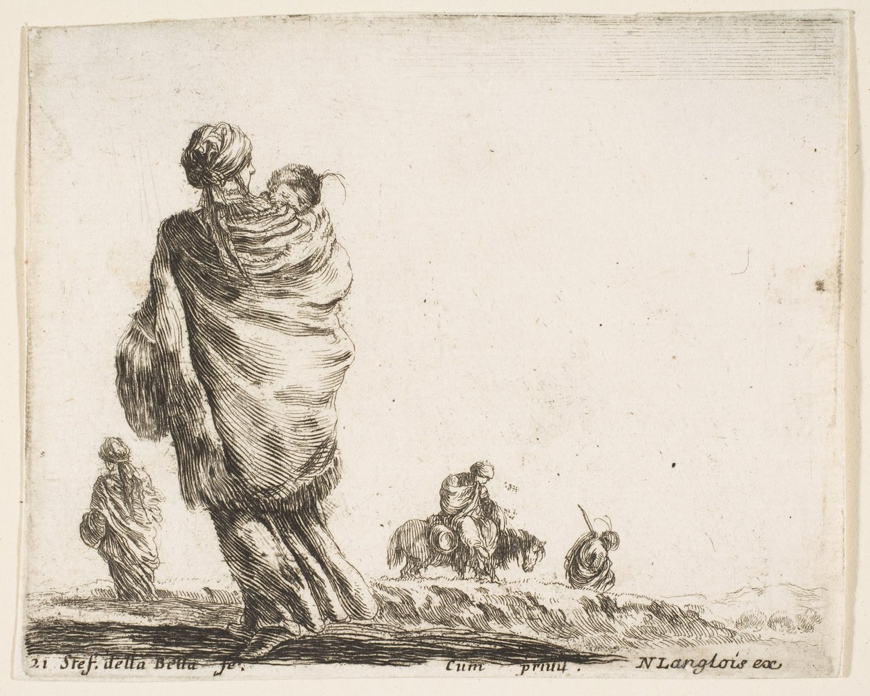 Levha 21: Çocuğunu bir şalla saran, arkadan görülen yoksul bir kadın..., yakl. 1644-47. by Stefano della Bella