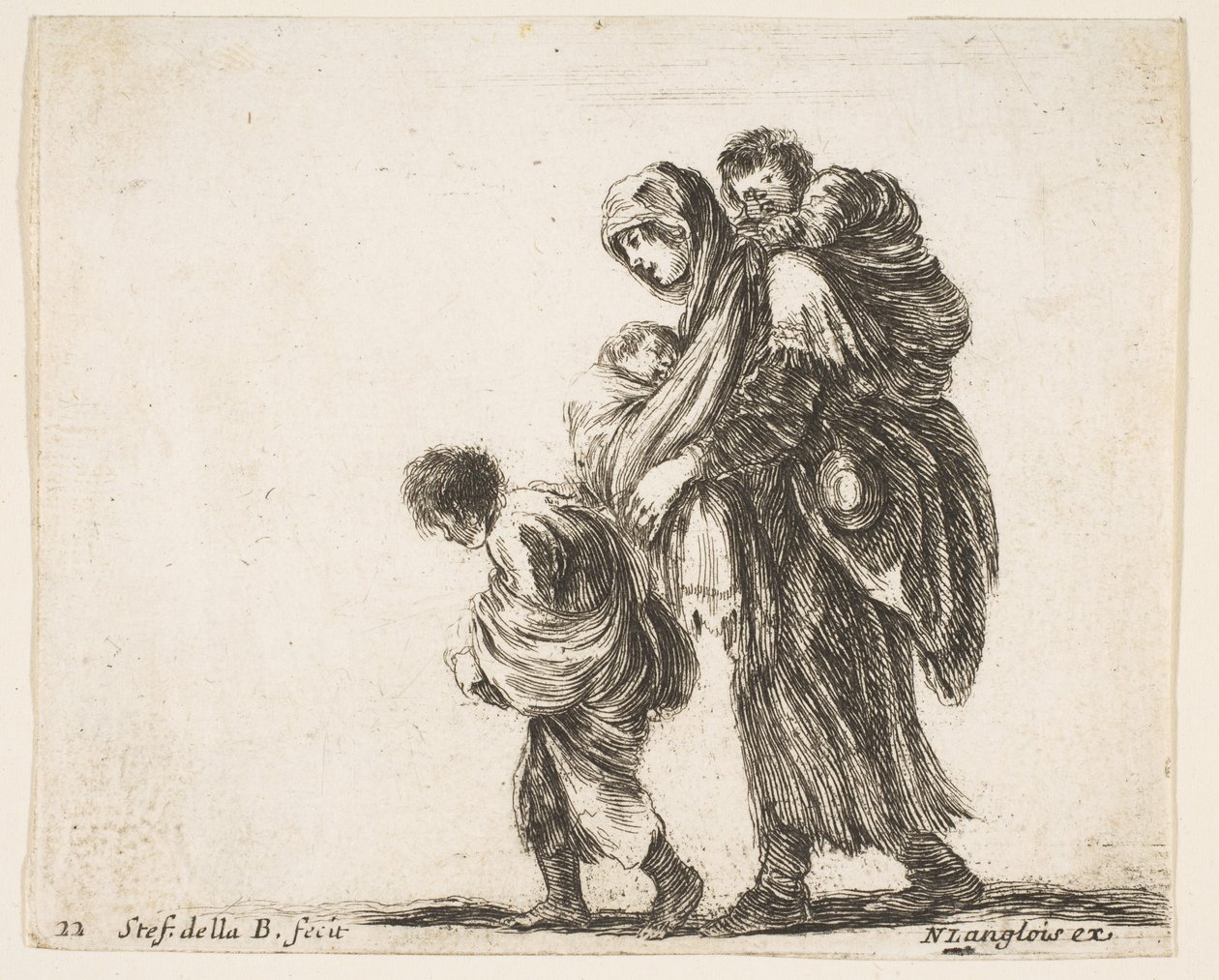 Levha 22: Üç çocuklu bir dilenci kadın, omuzlarında bir çocuk, bir çocuk..., yakl. 1644-47. by Stefano della Bella