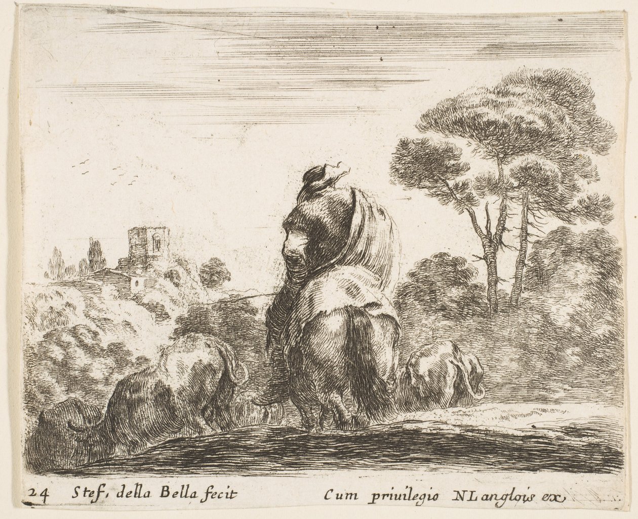 Levha 24: Bir atın tepesindeki çoban, arkadan görülüyor, sığırlarını bir tepeden aşağı sürüyor, ..., yakl. 1644-47. by Stefano della Bella