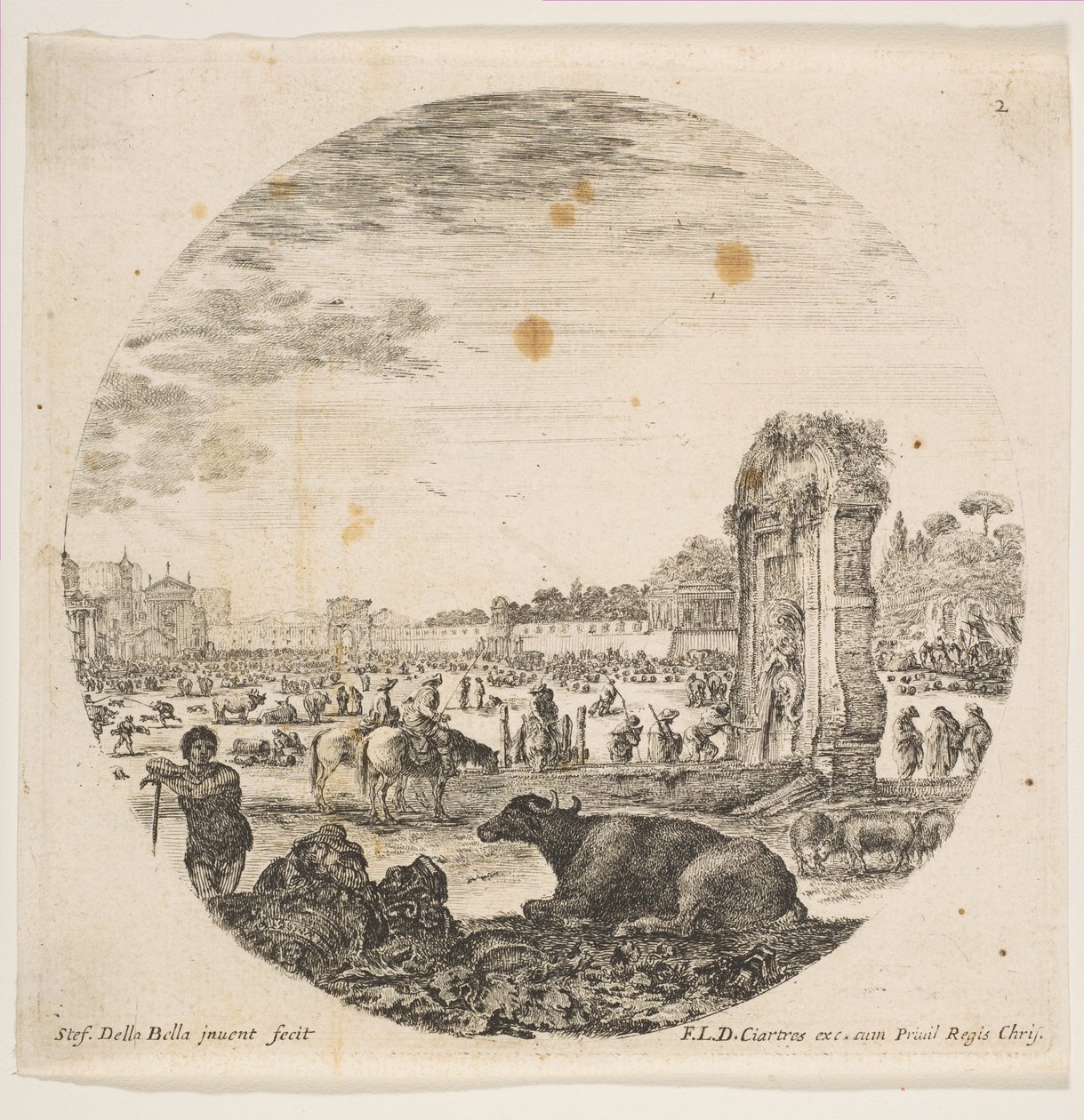 Plaka 2: Campo Vaccino, ortada bir bufalo ve iki çoban, Fontanone sağa doğru ..., yakl. 1646. by Stefano della Bella