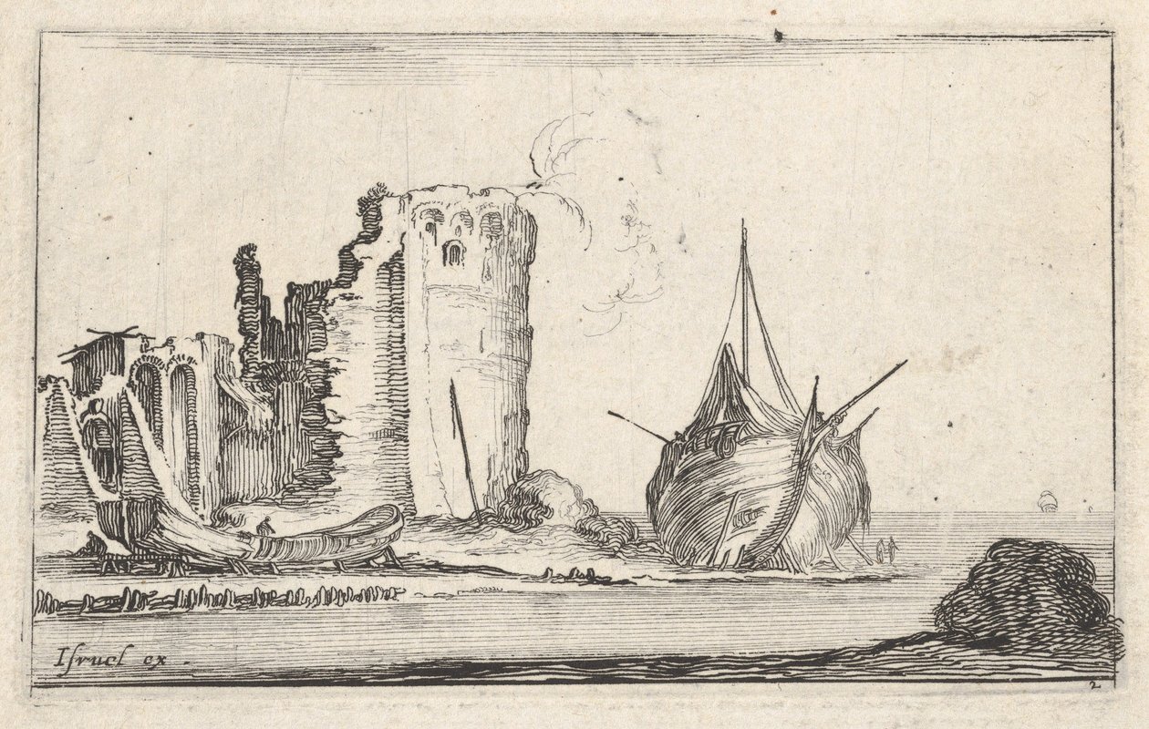 Plaka 2: Sağda bir gemi ve solda bir kayık, kıyıya vurmuş, harabeye dönmüş bir kule b..., ca. 1642. by Stefano della Bella