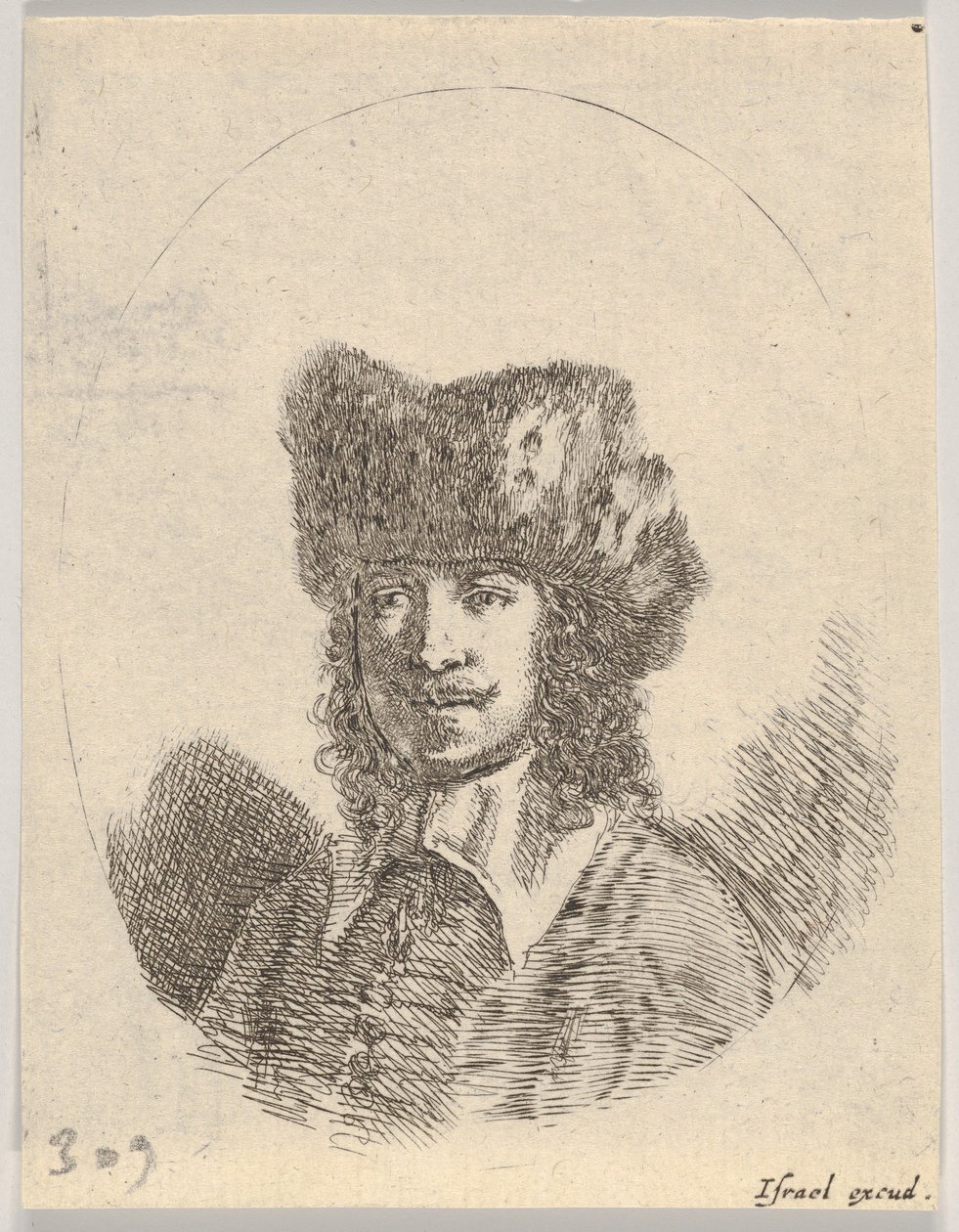 Plaka 2: Bıyıklı ve kürk şapkalı, sola bakan bir adam başı, oval bir kompozisyon,..., 1650. by Stefano della Bella