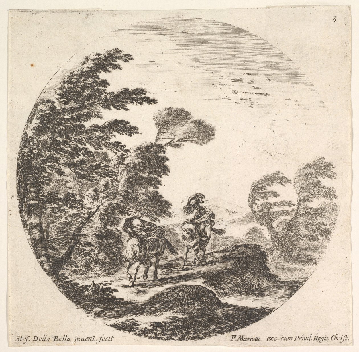 Levha 3: Ormanda bir fırtına, pelerine sarılı iki atlı, rüzgar esiyor..., yakl. 1643-48. by Stefano della Bella