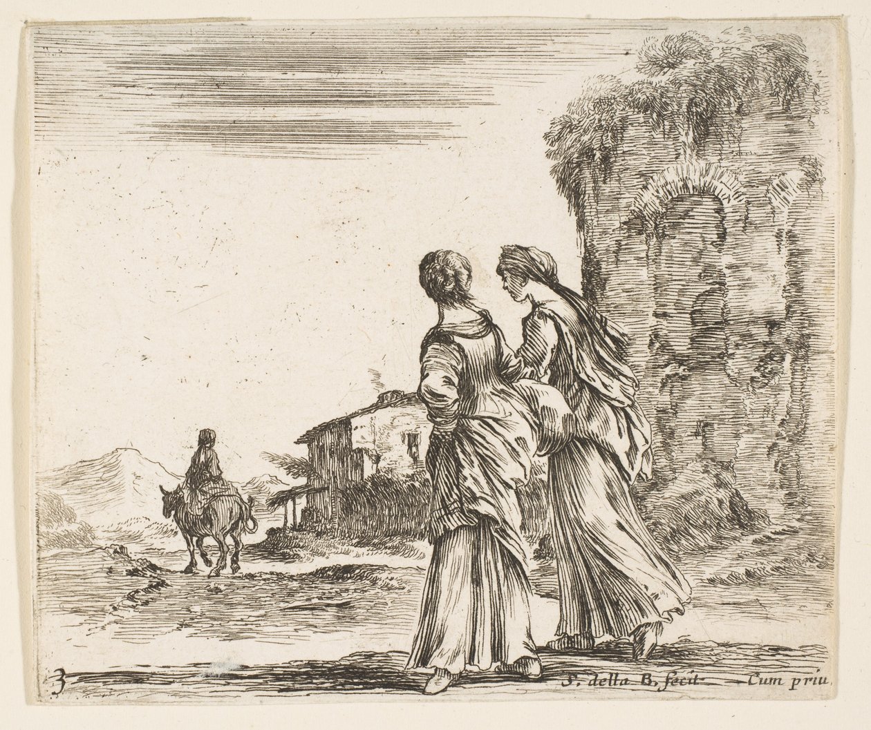Plaka 3: sola doğru yürüyen iki kız, arkadan görülüyor, atlı bir kadın..., yakl. 1644-47. by Stefano della Bella