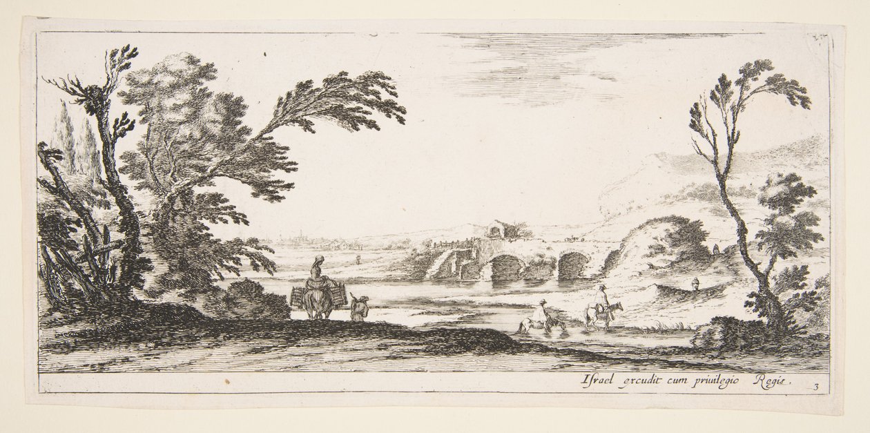 Levha 3: bir nehri sağa doğru geçen iki atlı, bir eşeğin tepesinde iki sepetli bir kadın..., yakl. 1641. by Stefano della Bella