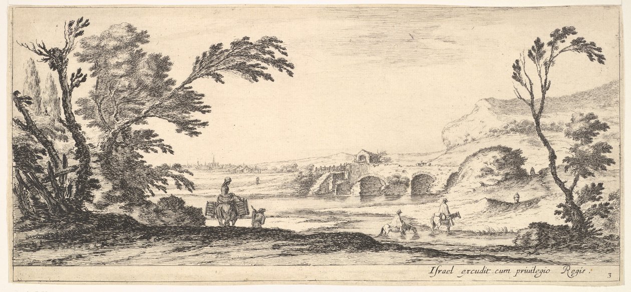 Levha 3: bir nehri sağa doğru geçen iki atlı, bir eşeğin tepesinde iki sepetli bir kadın..., yakl. 1641. by Stefano della Bella