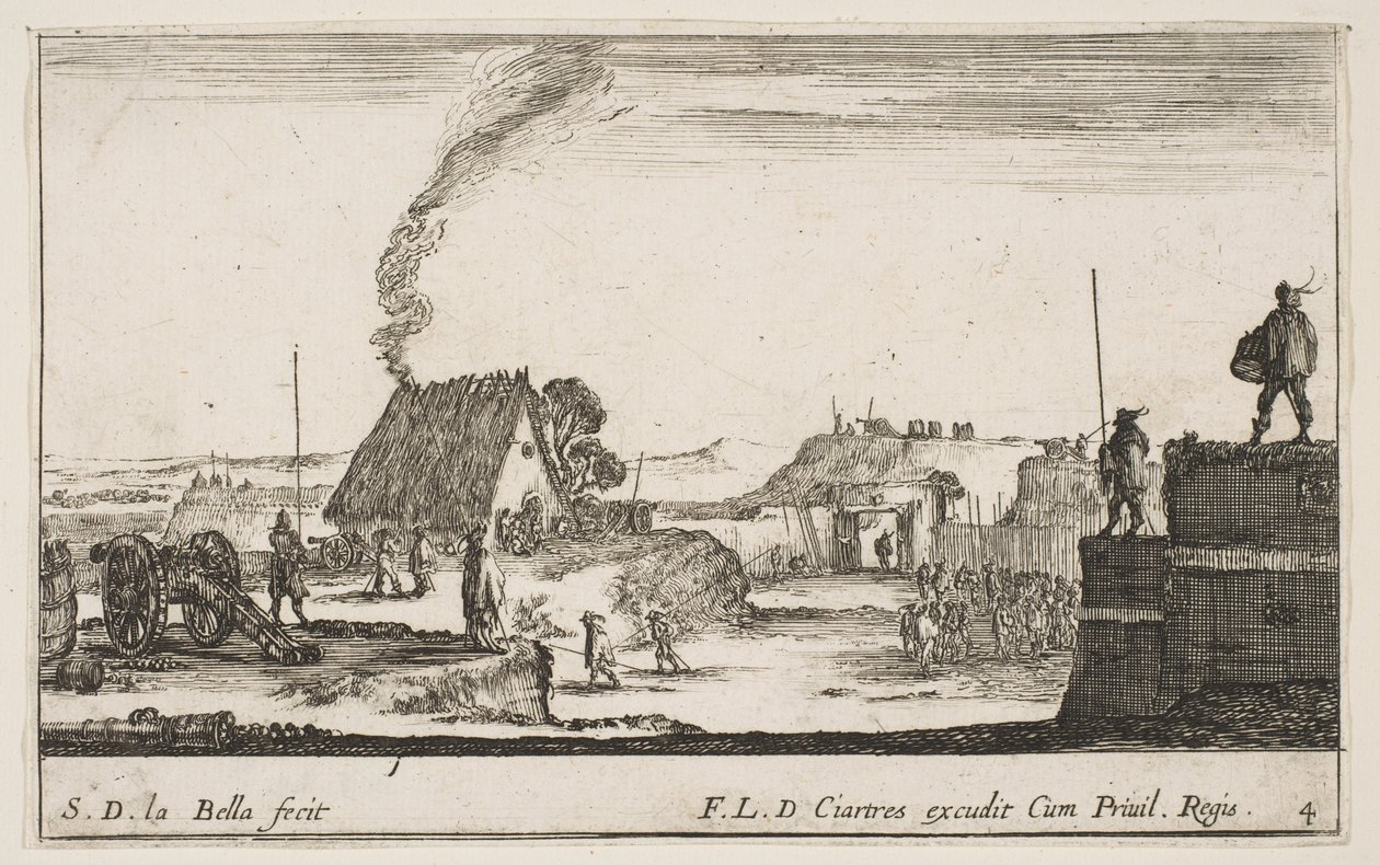 Levha 4: Sağ tarafta bir korkuluk üzerinde duran bir askerin bulunduğu bir askeri kamp yeri..., yakl. 1641. by Stefano della Bella