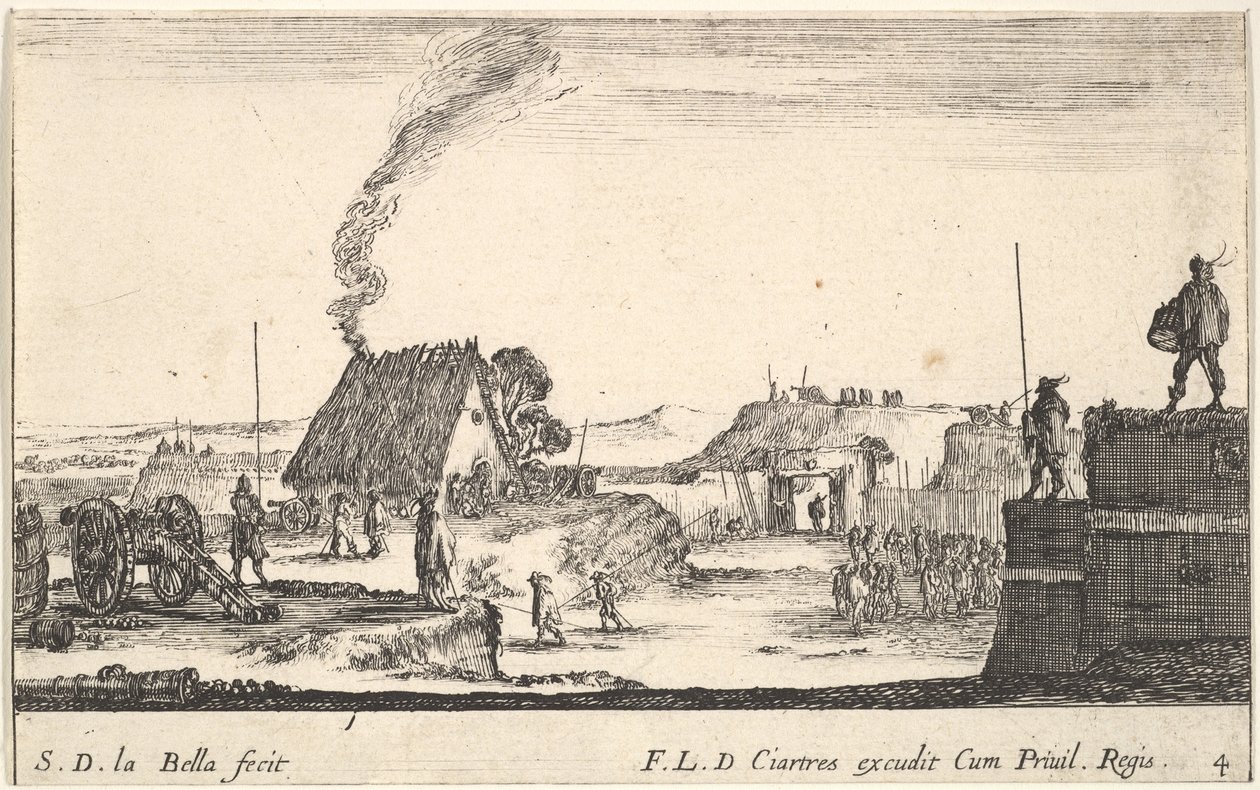 Levha 4: Sağ tarafta bir korkuluk üzerinde duran bir askerin bulunduğu bir askeri kamp yeri..., yakl. 1641. by Stefano della Bella