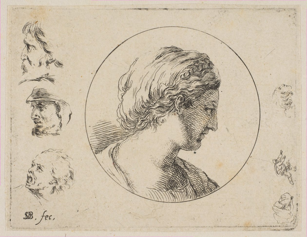 Plaka 4: Profildeki Bir Kadının Başı, çeşitli karalamalar ve et..., ca. 1646. by Stefano della Bella