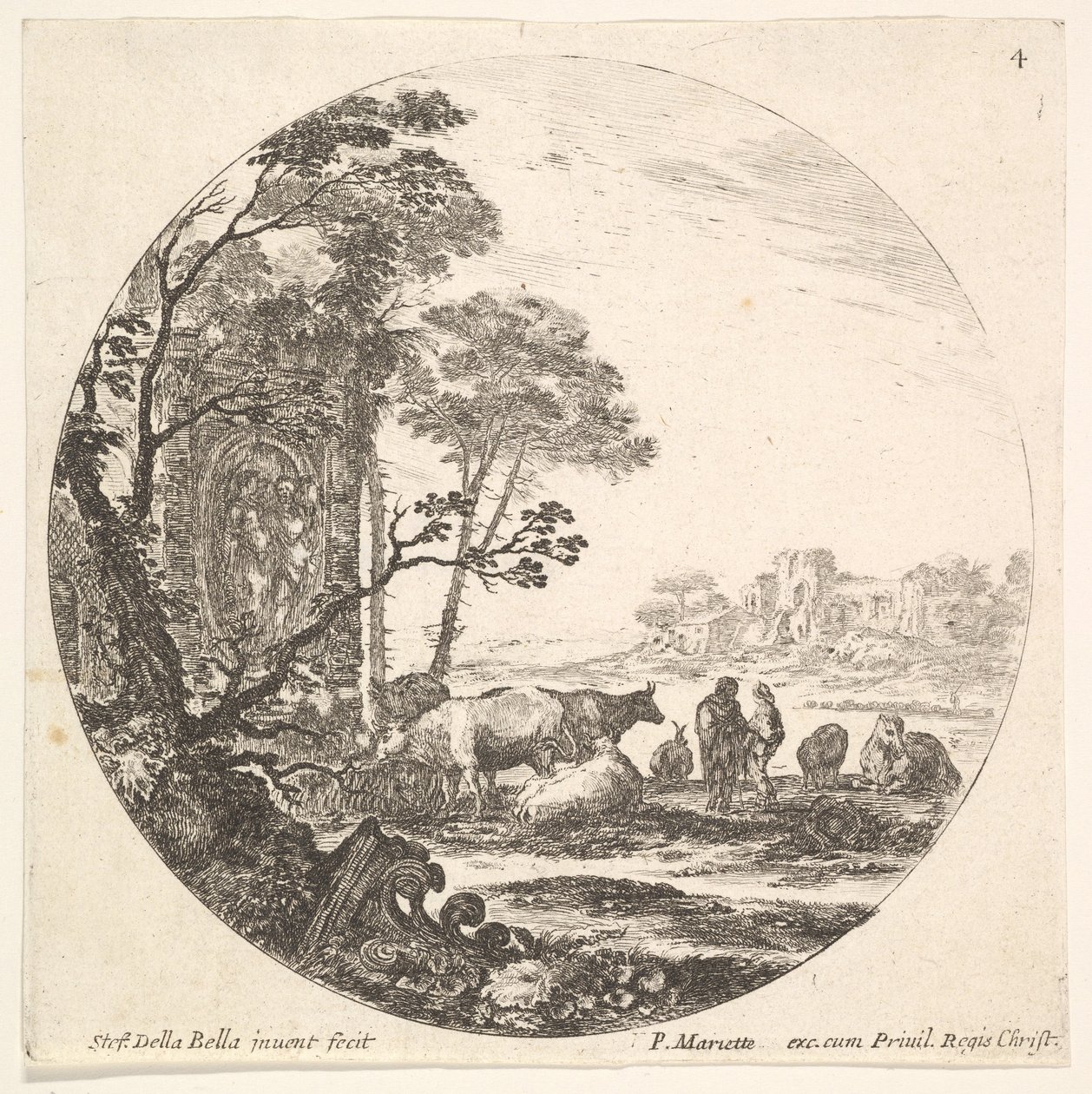Levha 4: Ön planda solda yerde bir Korint sütun başlığı, bir anıt w..., ca. 1643-48. by Stefano della Bella
