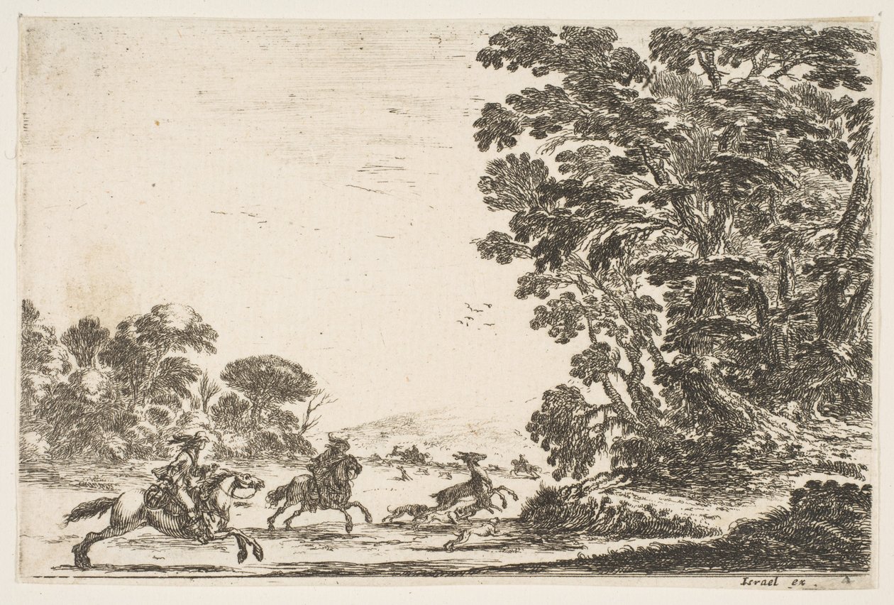 Levha 4: bir geyik avı, iki atlı, arkada üç köpek ve bir geyiğin sola doğru dörtnala gidişi..., 1642. by Stefano della Bella