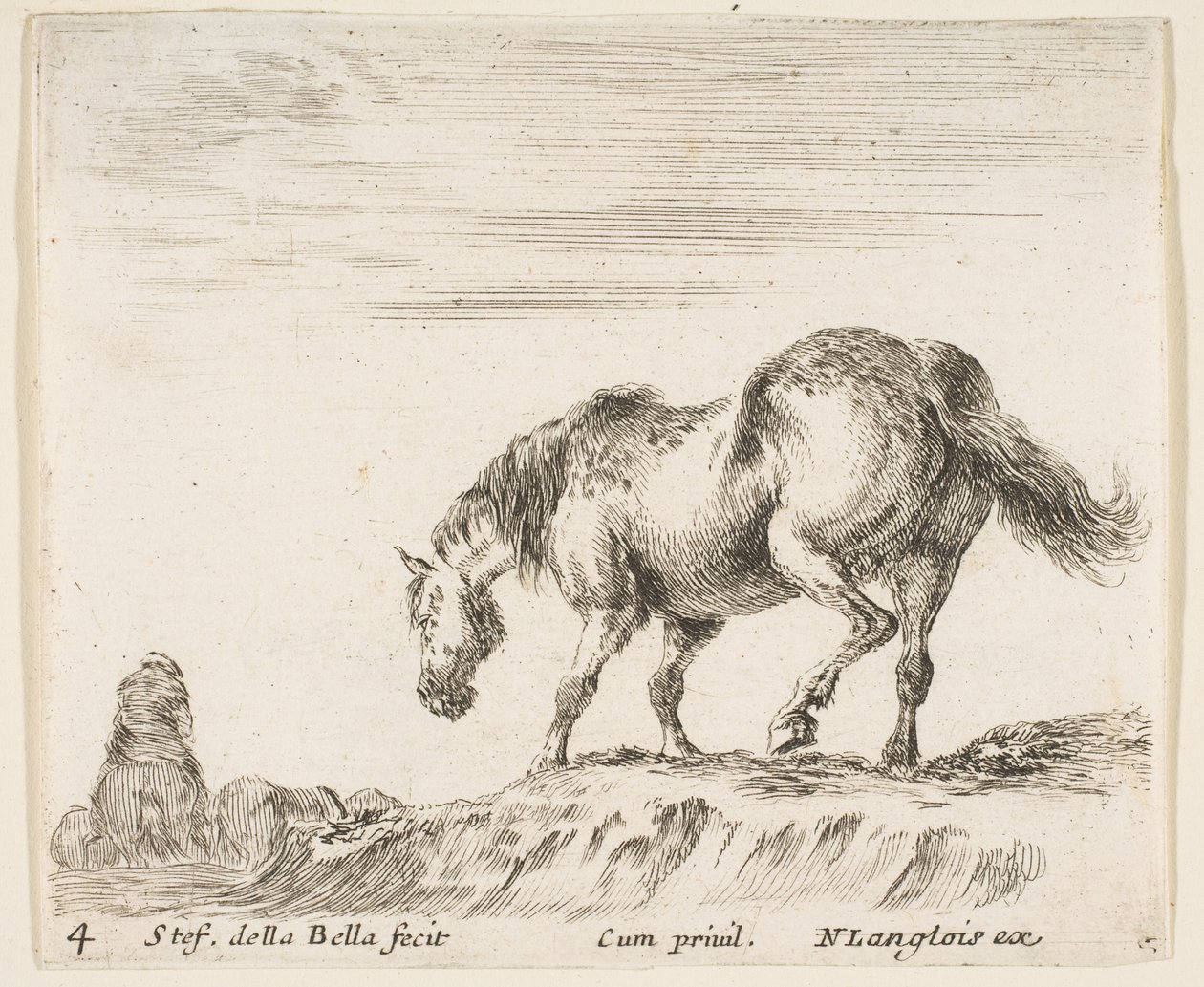 Levha 4: Sola bakan profilde bir at, bir höyükten inmek üzere, bir at..., yakl. 1644-47. by Stefano della Bella