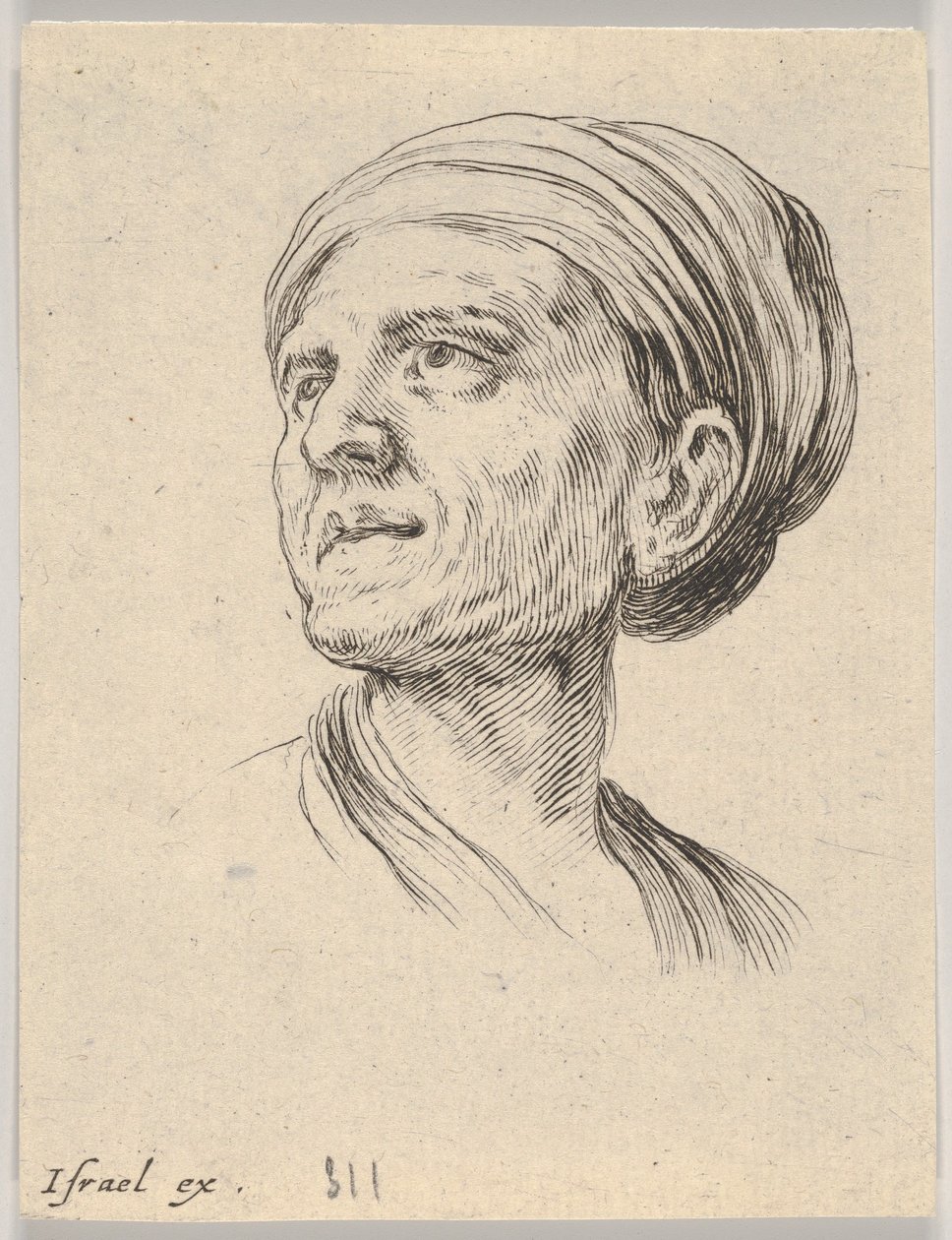 Levha 4: Çeşitli kafa ve figürlerden sola bakan boneli yaşlı bir kadın başı..., 1650. by Stefano della Bella