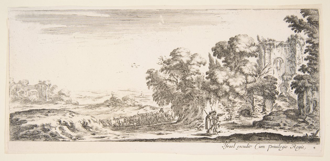 Levha 4: Sağdaki harabeleri gözlemleyen iki hacı, biri sağa doğru işaret ediyor, bir çoban..., yakl. 1641. by Stefano della Bella