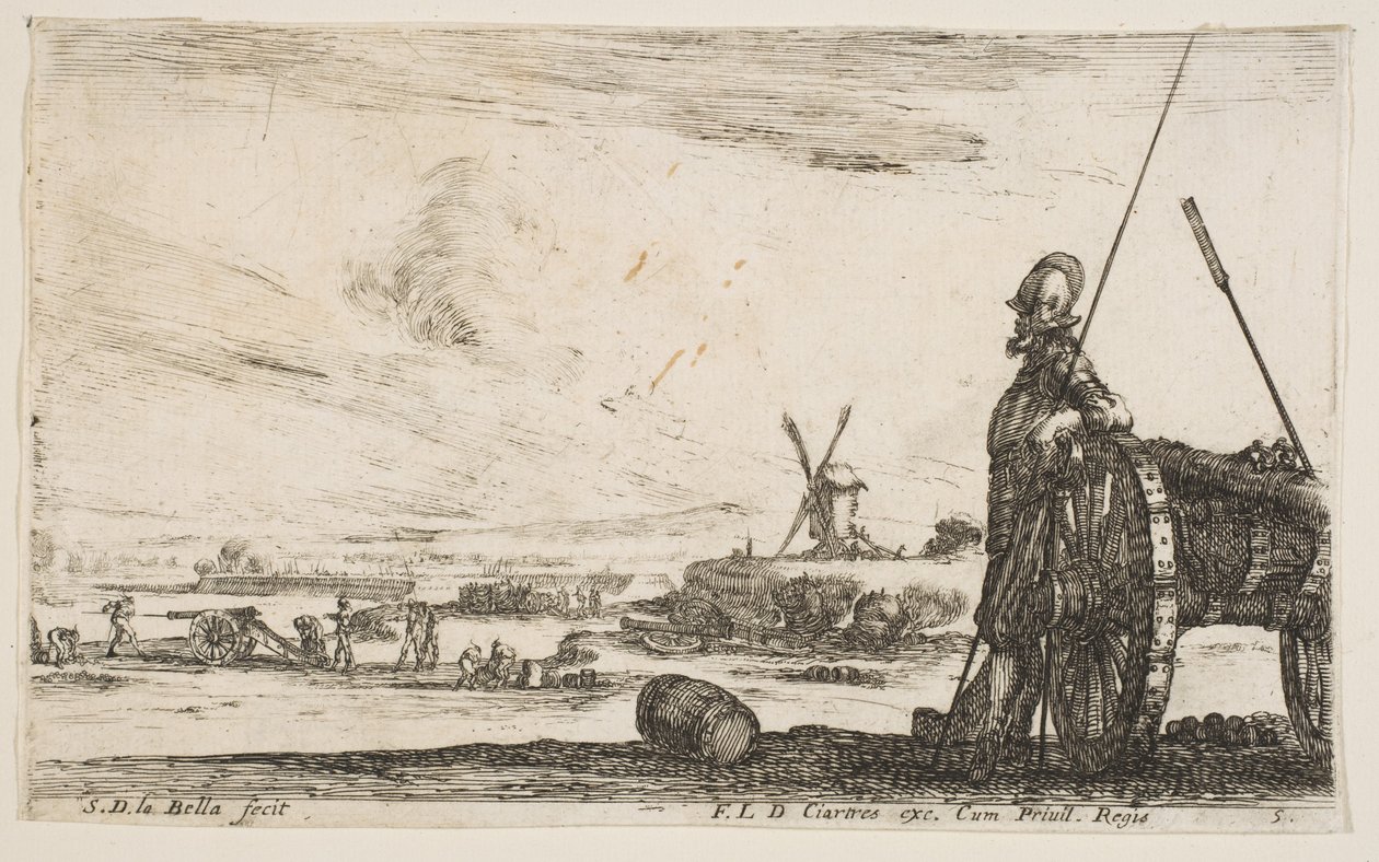 Plaka 5: Bir topun hemen yanında duran bir Mızrakçı, diğer askeri figürler..., yakl. 1641. by Stefano della Bella