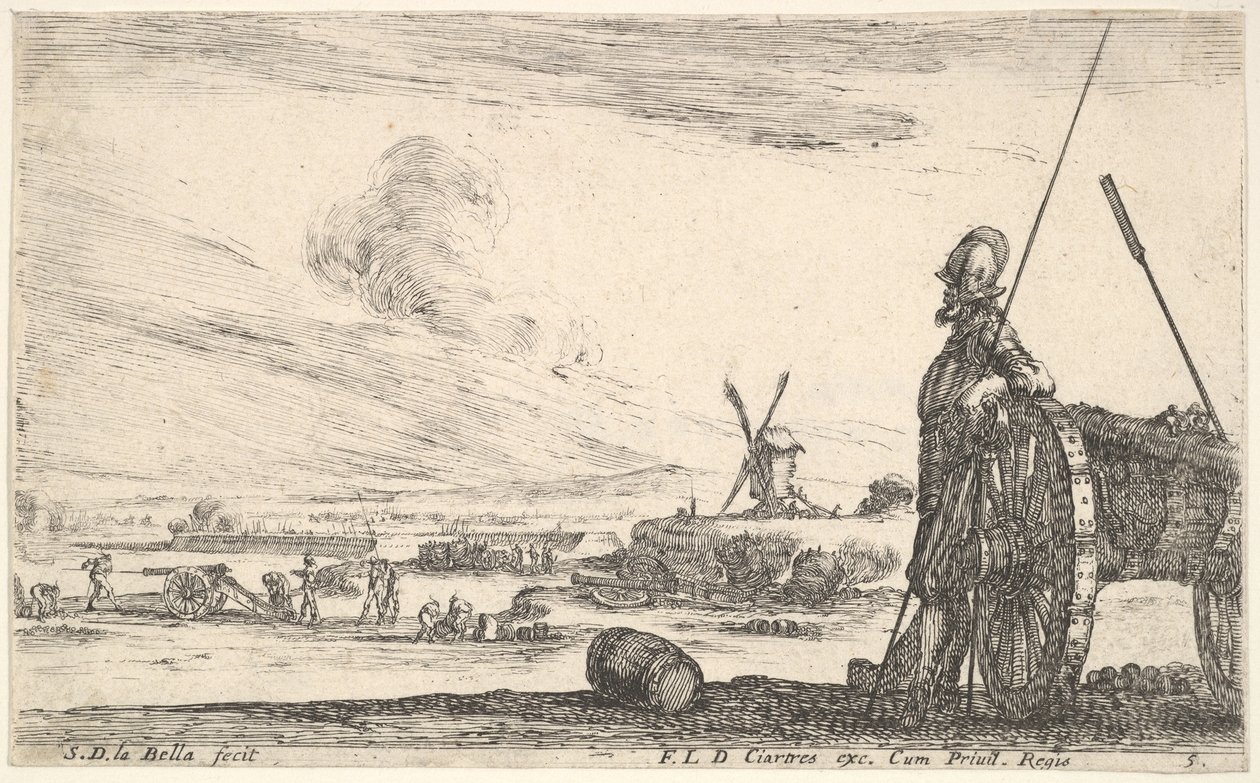 Plaka 5: Bir kanonun hemen yanında duran bir Pikeman, ba..., ca. 1641. by Stefano della Bella