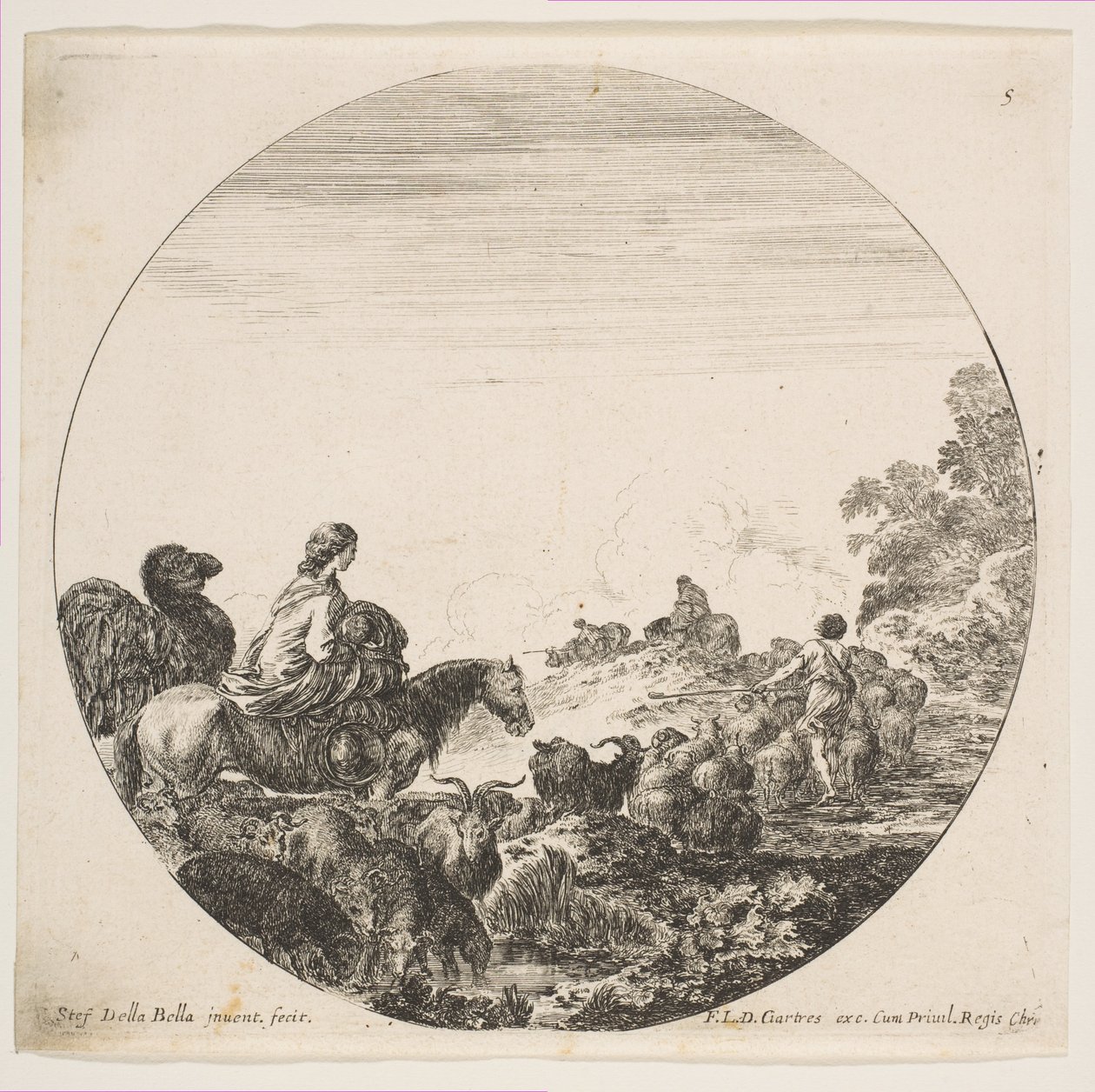 Levha 5: Solda at üzerinde bir çocuk taşıyan bir kadın, onu takip eden bir deve, bir sürü..., yakl. 1646. by Stefano della Bella