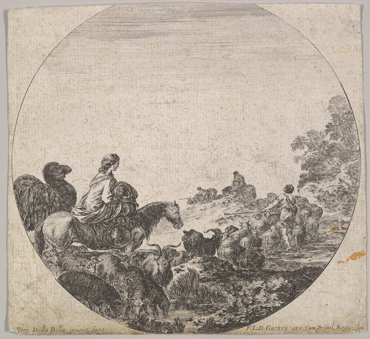Levha 5: Sola atlı bir çocuk taşıyan bir kadın, onu takip eden bir deve, bir sürü..., yakl. 1643-48. by Stefano della Bella