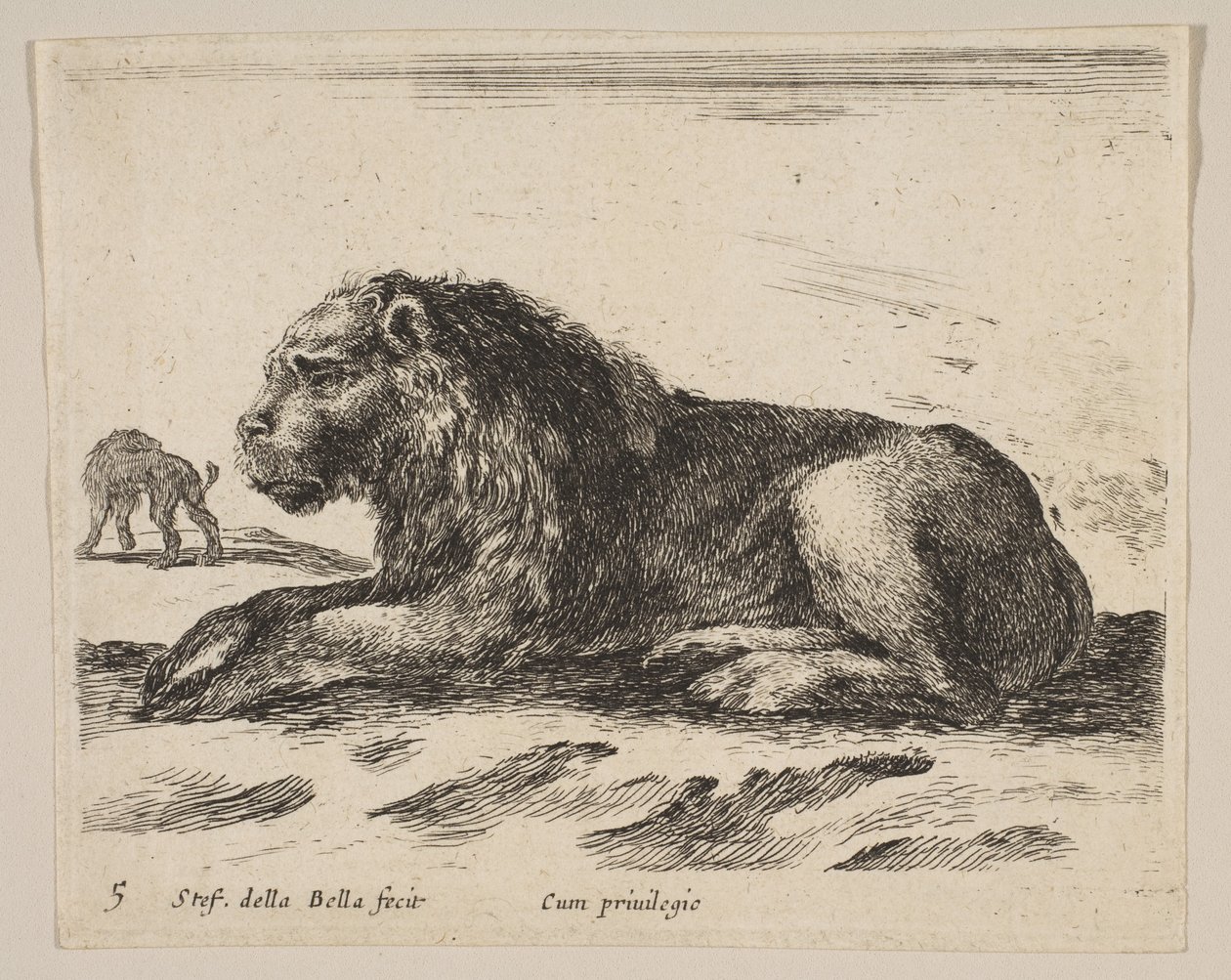 Levha 5: Yatan aslan, çeşitli hayvanlardan Diversi animali, yakl. 1641. by Stefano della Bella