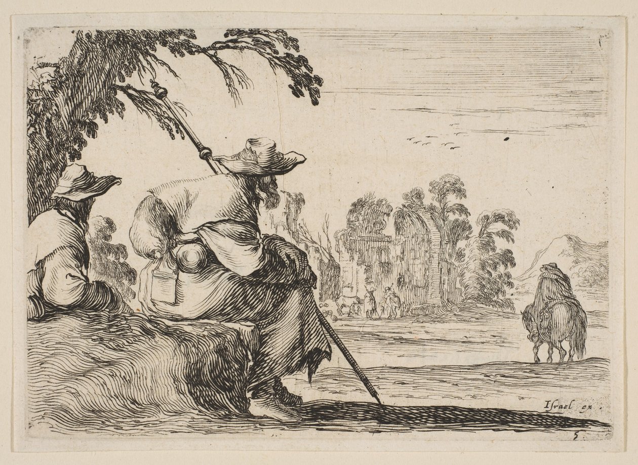 Levha 5: Solda şapkalı iki hacı, arkadan görülüyor, bir atlı savaşa gidiyor..., 1642. by Stefano della Bella
