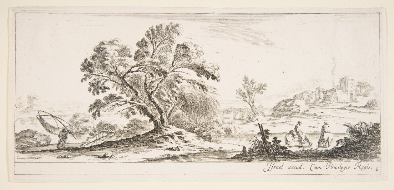 Levha 6: Sola ağ taşıyan bir balıkçı, sağa doğru bir derede iki atlı, bir ağaç..., yakl. 1641. by Stefano della Bella