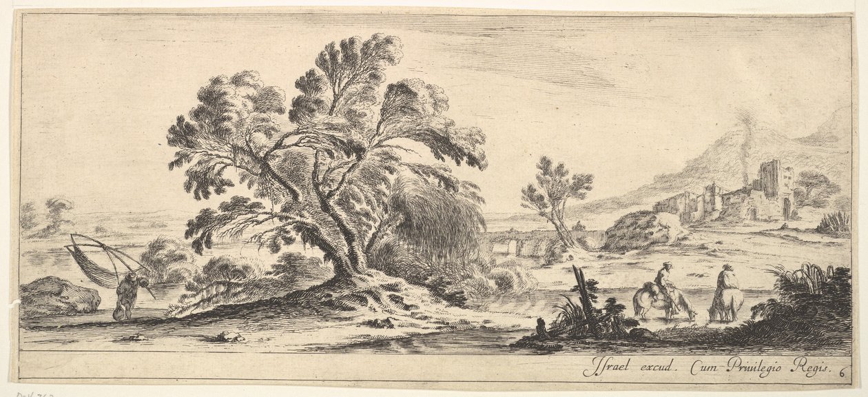 Levha 6: Sola ağ taşıyan bir balıkçı, sağa doğru bir derede iki atlı, bir ağaç..., yakl. 1641. by Stefano della Bella