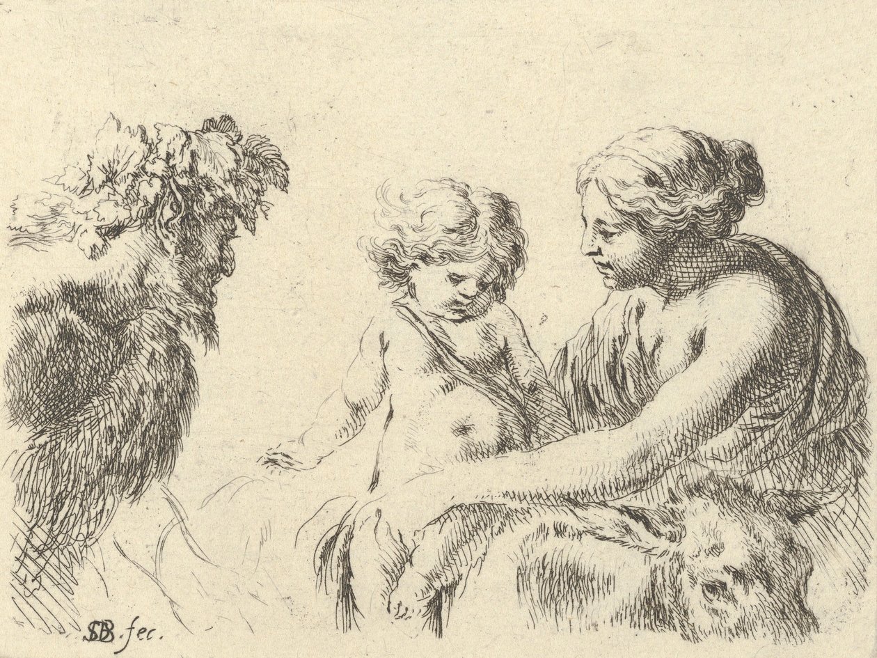 Levha 6: Sağda bir eşeğin tepesinde oturan çocuğunu tutan bir kadın, bir satir l..., yakl. 1646. by Stefano della Bella