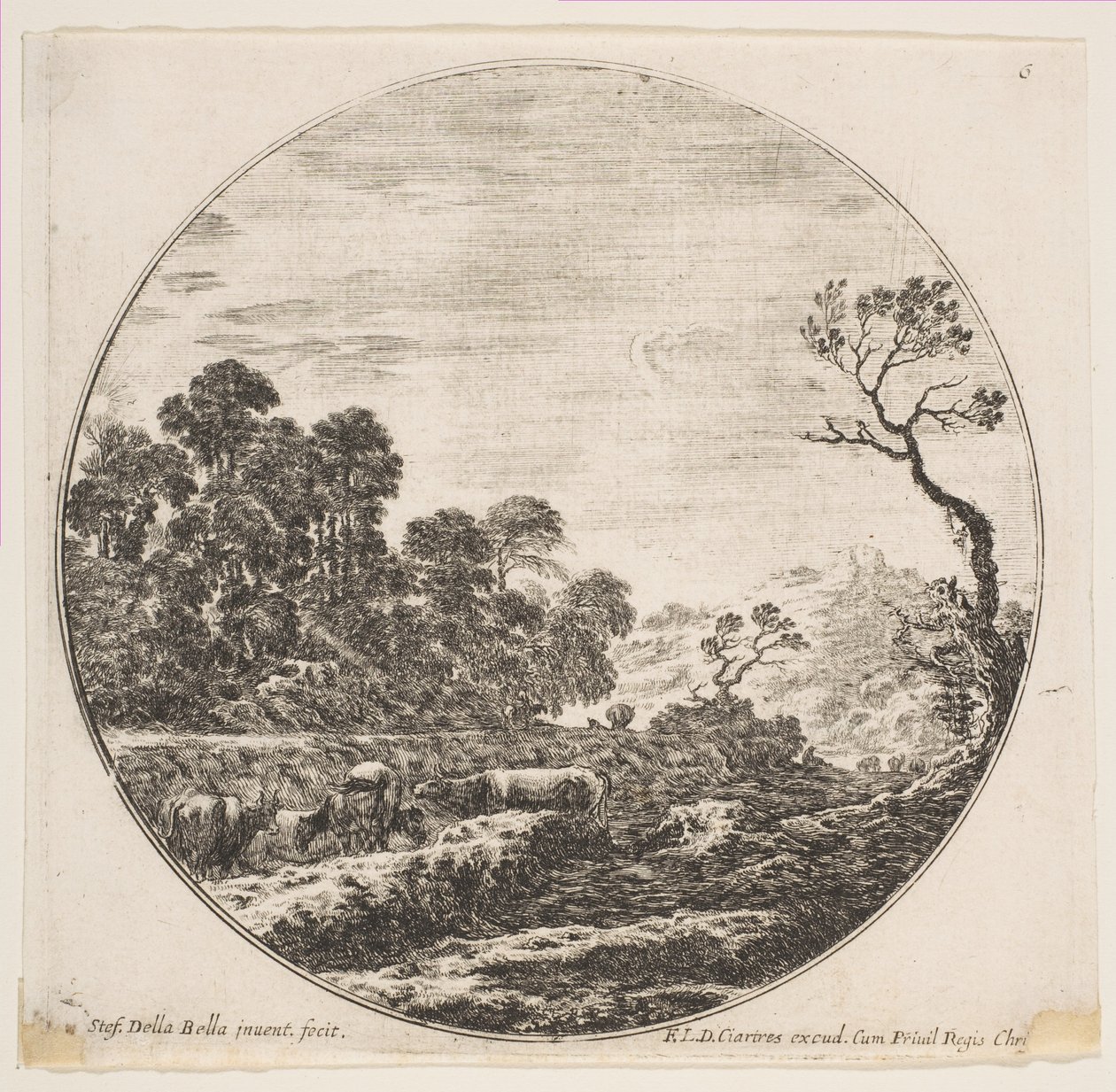 Plaka 6: Solda bir vadiyi geçen inekler, arka planda bir atlı ve diğer inekler..., yakl. 1646. by Stefano della Bella