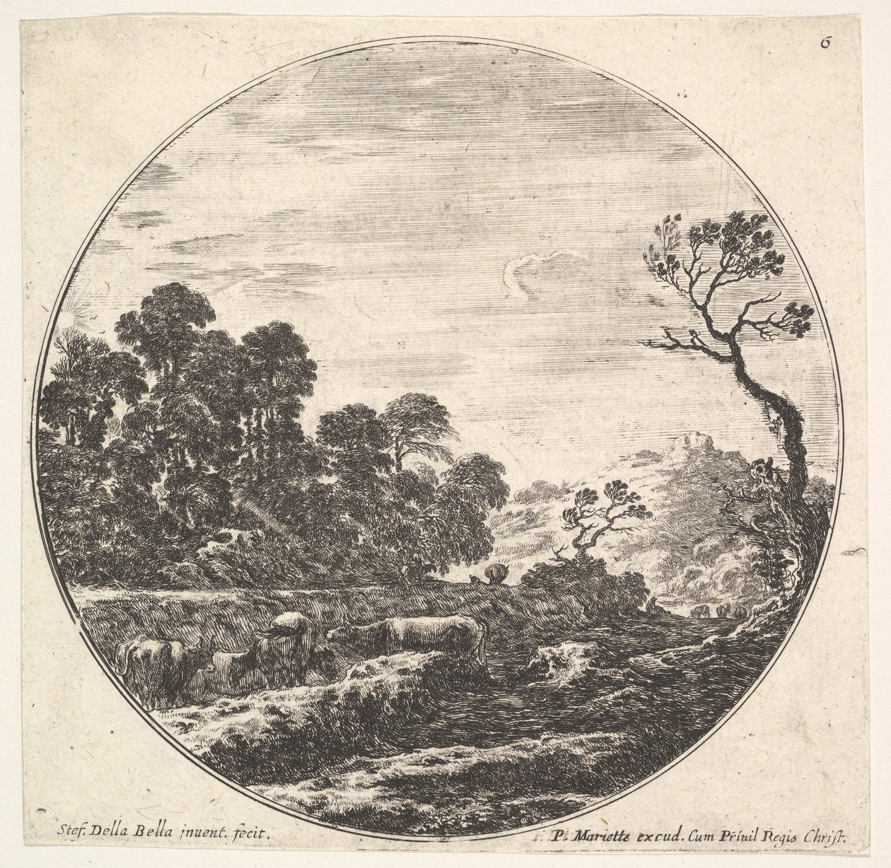 Plaka 6: Bir vadiyi geçen inekler sola, bir grup ağaç sola, bir atlı ve o..., yakl. 1643-48. by Stefano della Bella