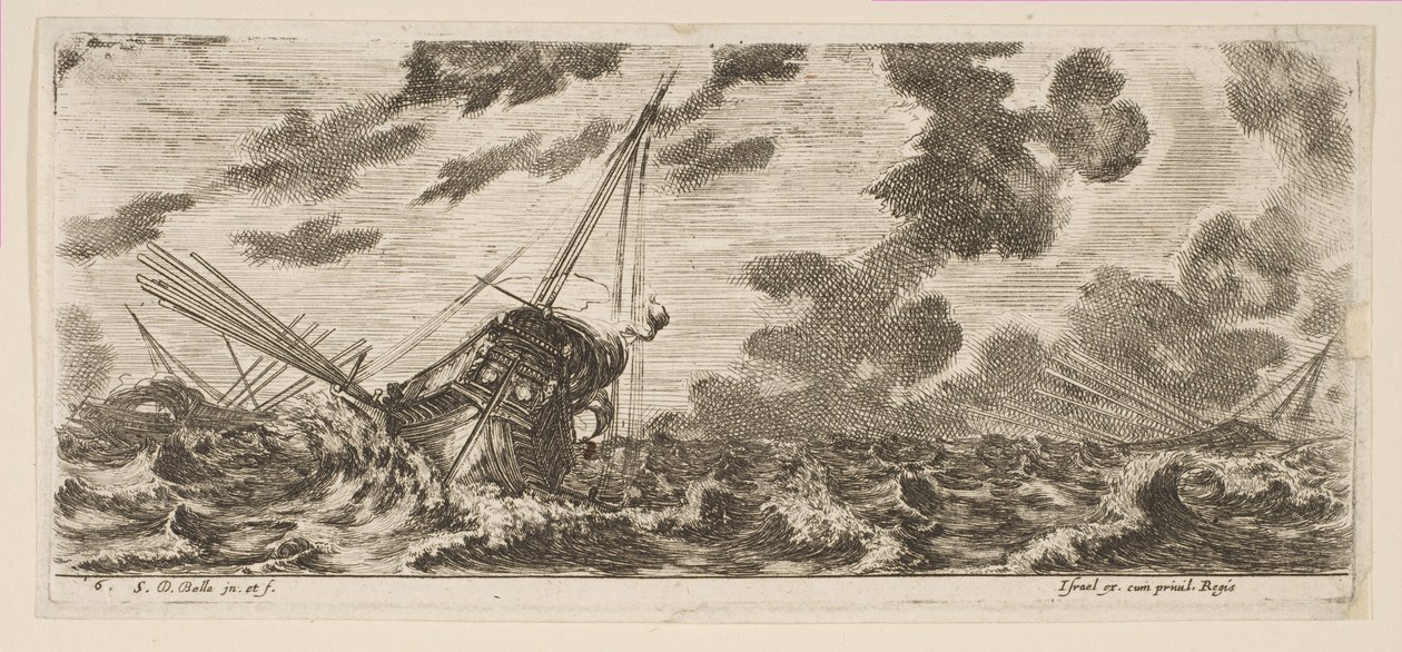 Plaka 6: Çeşitli Bindirme Dalgıç gemilerinden bir fırtınada üç gemi, yaklaşık. 1646-47. by Stefano della Bella