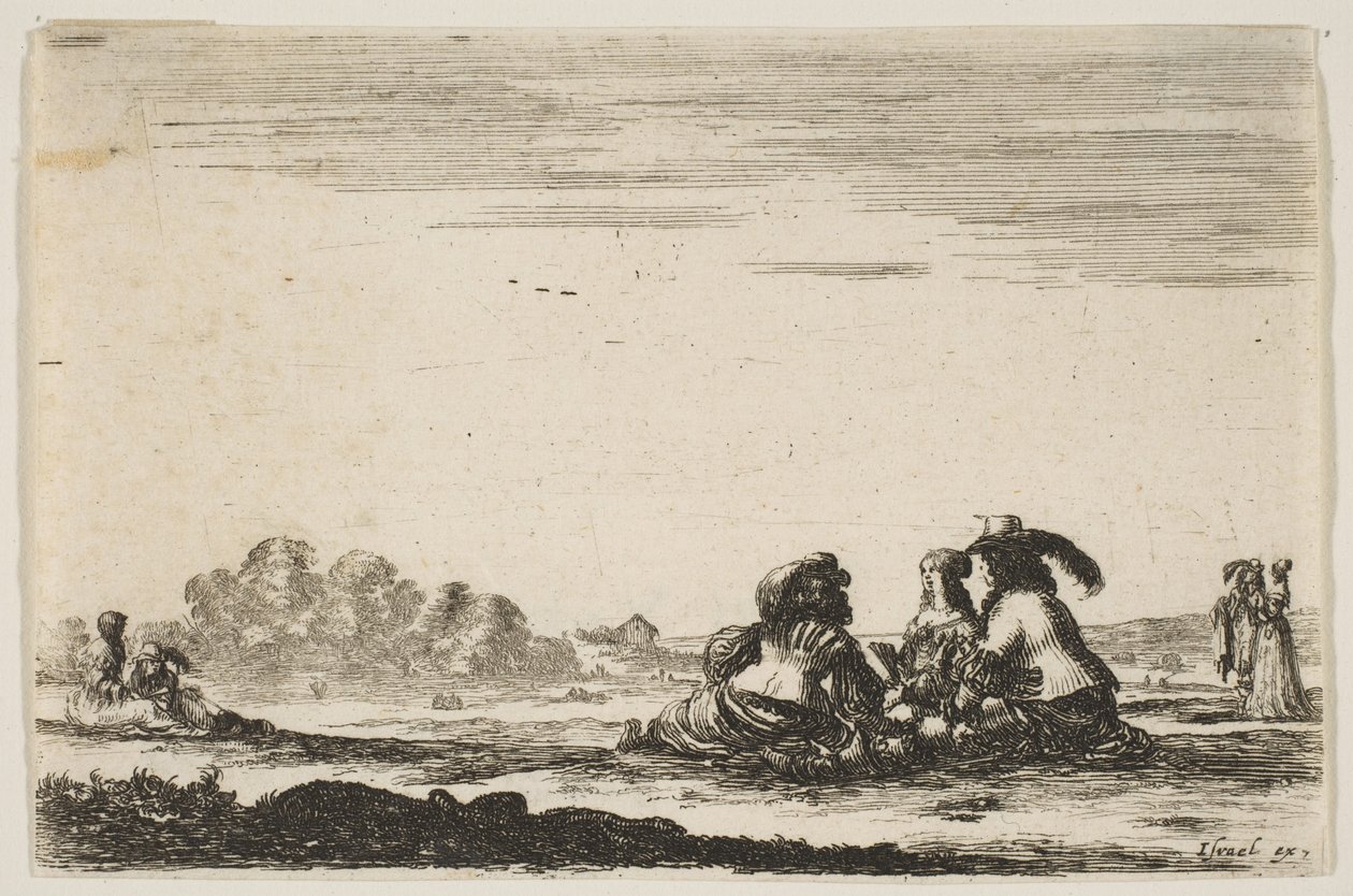 Levha 7: Ortada oturan, arkadan görülen, soylu bir kadın denizle sohbet eden iki soylu..., 1642. by Stefano della Bella