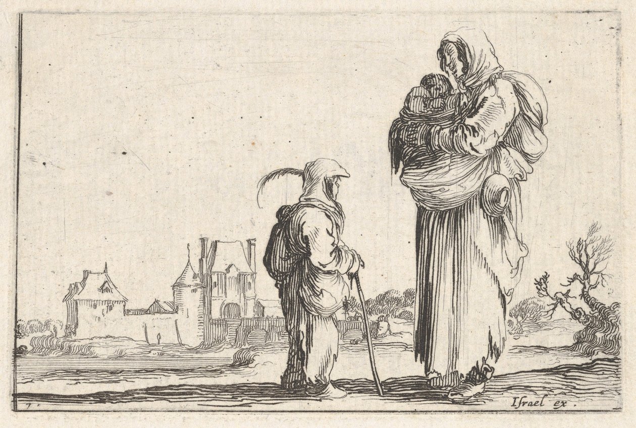 Levha 7: Bir çocuğu sağa taşıyan bir köylü kadın, ayakta duran başka bir çocukla konuşuyor..., yakl. 1642. by Stefano della Bella