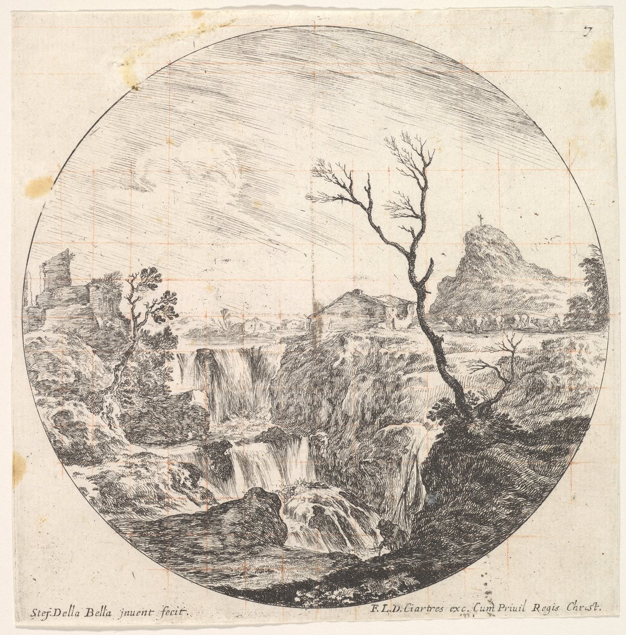Plaka 7: üçlü bir şelale, sağda ölü bir ağaç, bir dağ ve bir inek sürüsü..., ca. 1643-48. by Stefano della Bella
